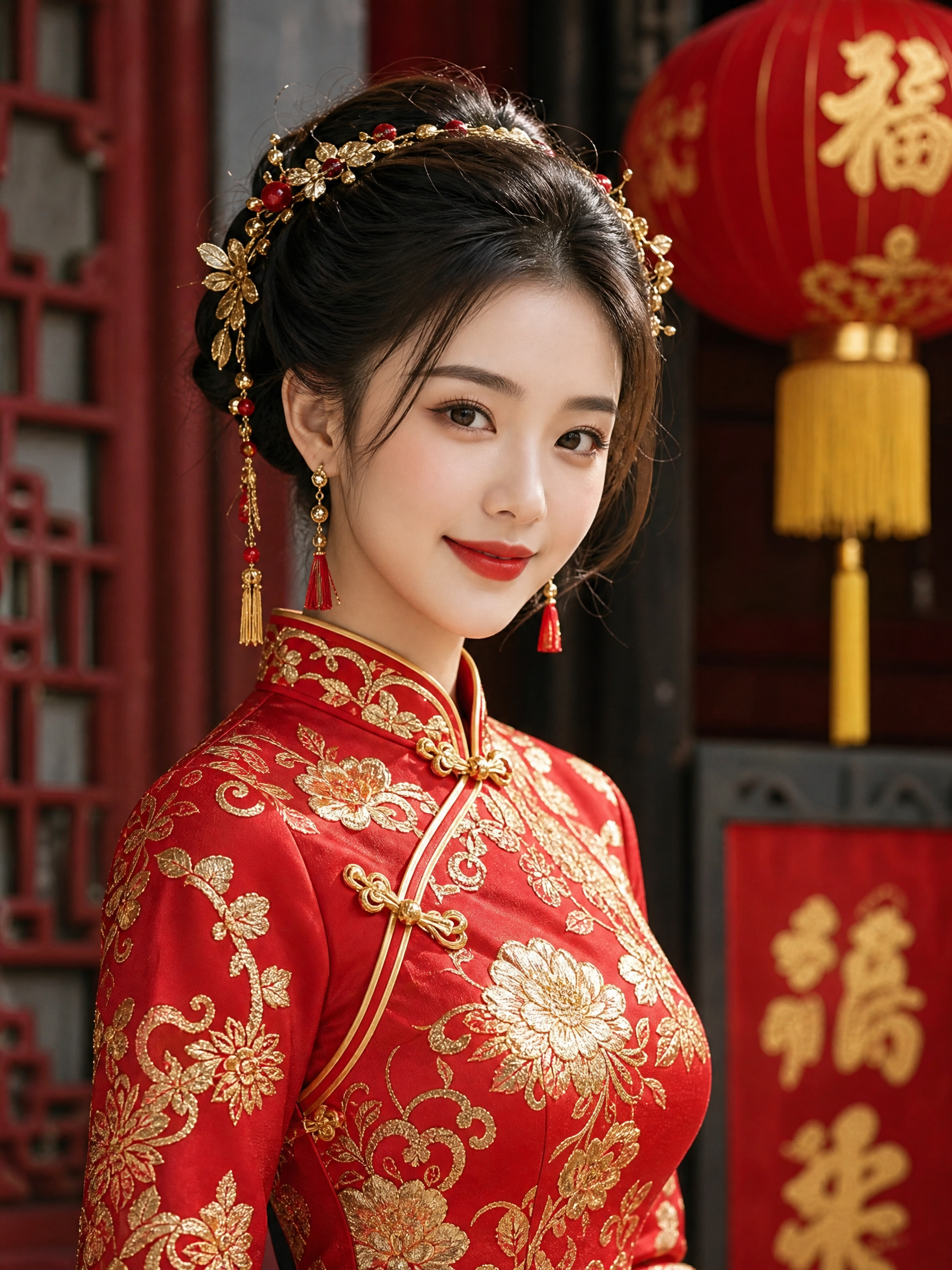 Woman in red qipao with gold embroidery and ornate hair accessories beside Chinese lanterns.