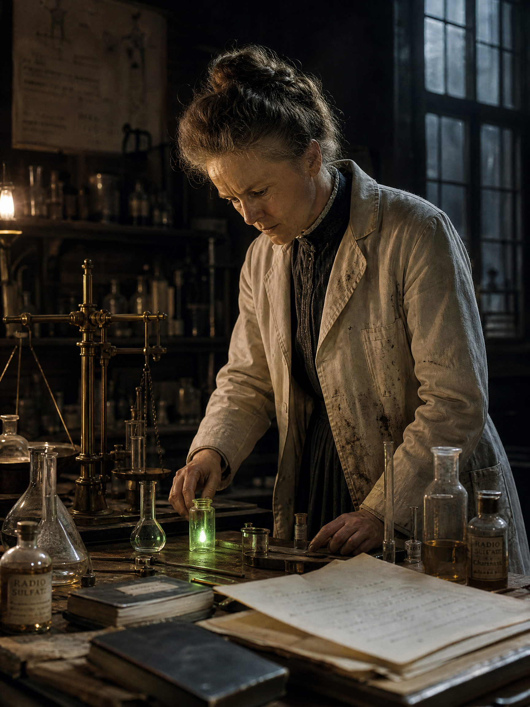 Woman in a vintage lab coat conducts a chemistry experiment with a glowing green liquid.
