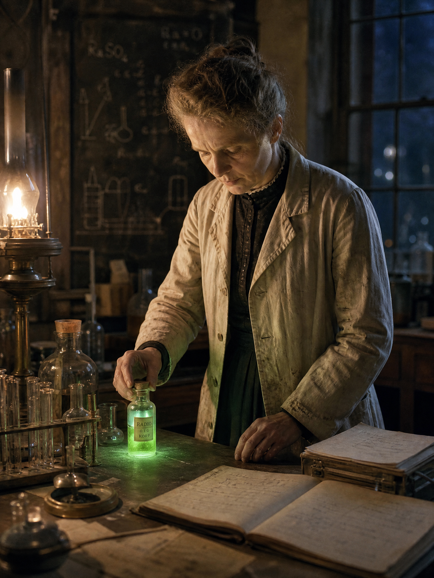 Woman scientist in a vintage lab lighting a glowing green radioactive bottle.