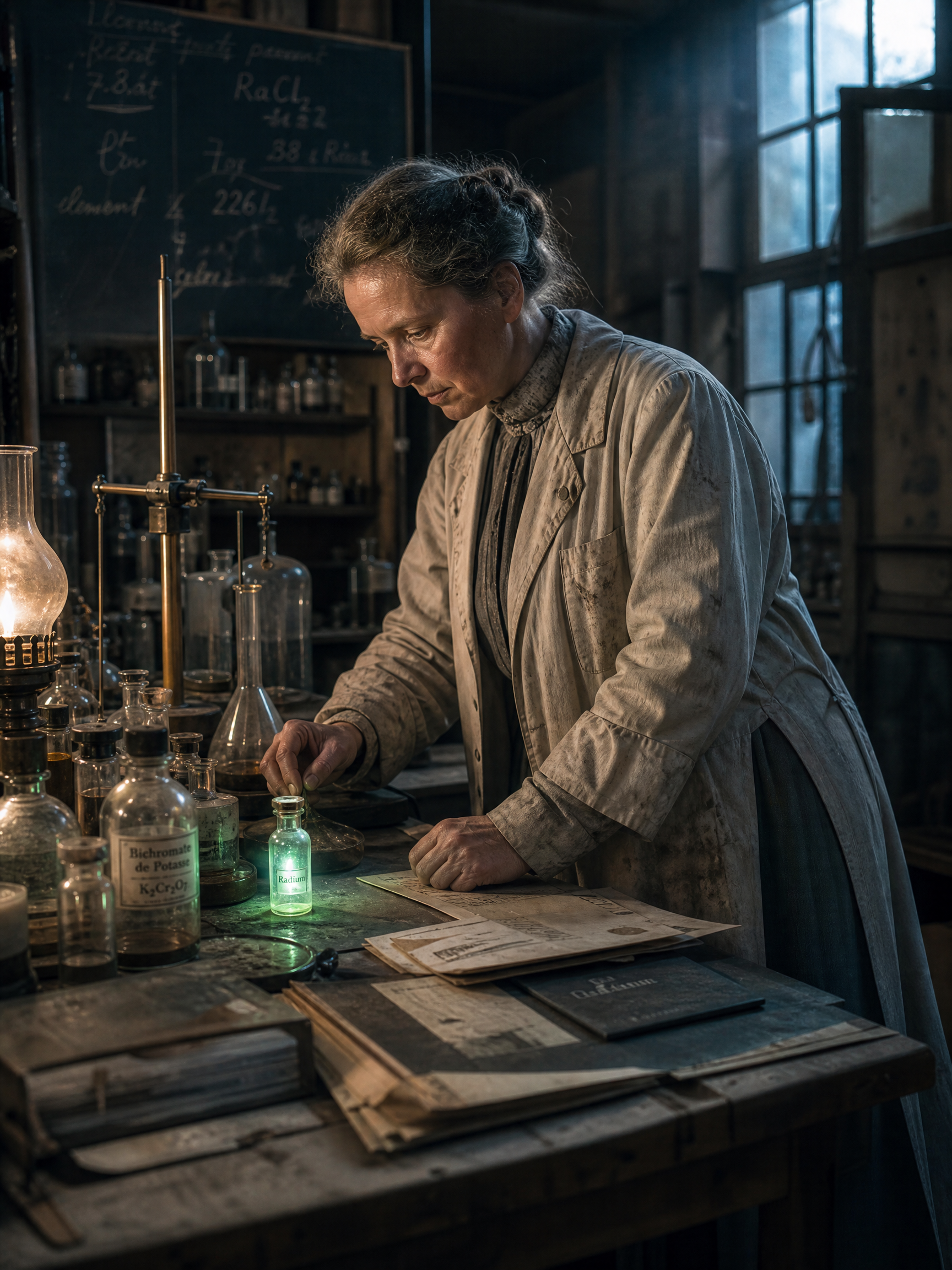 A woman scientist in a vintage lab examines a glowing green vial at a cluttered bench.