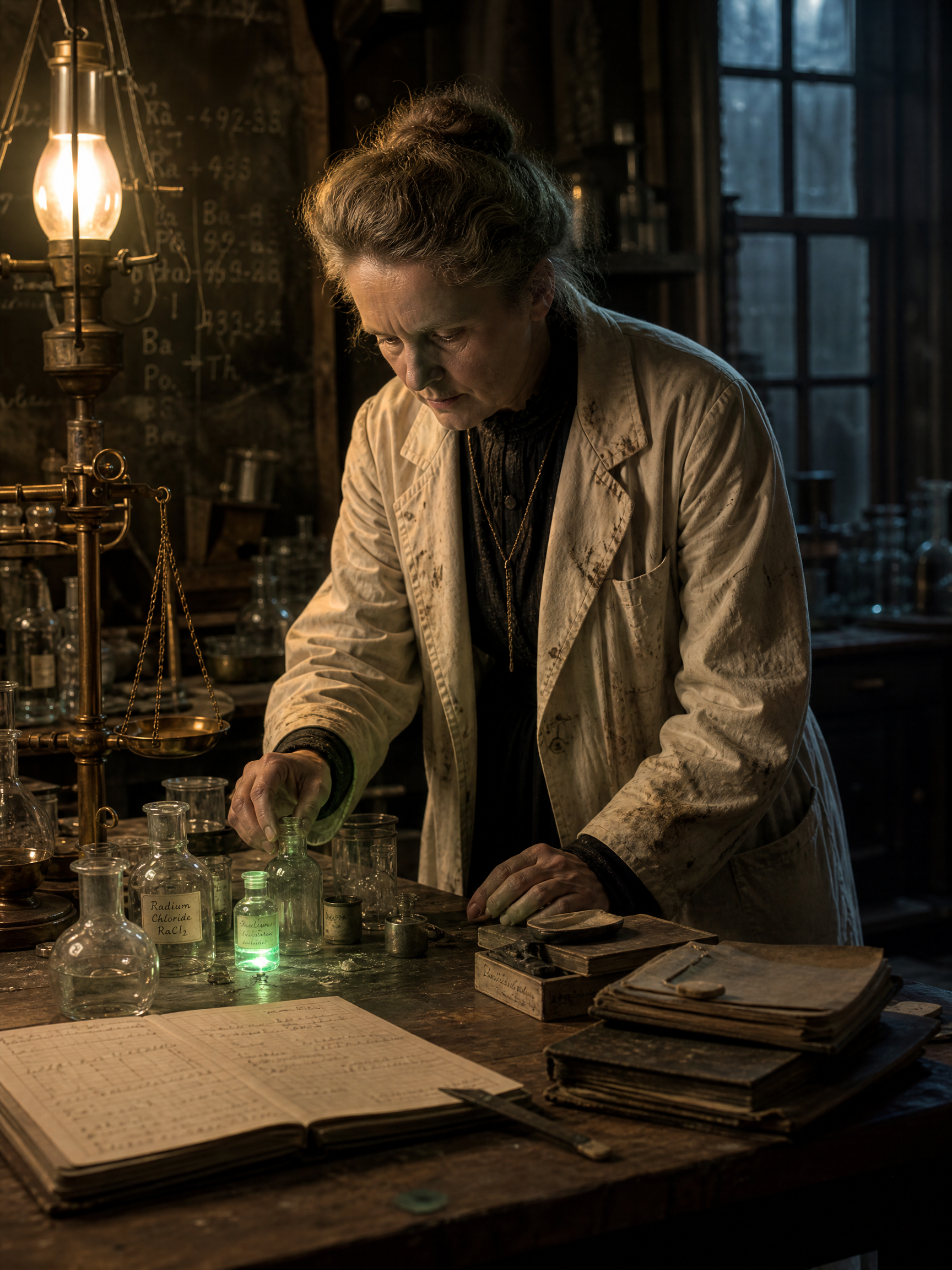 Older female scientist in a vintage lab coat handling a glowing green liquid in a classic laboratory.
