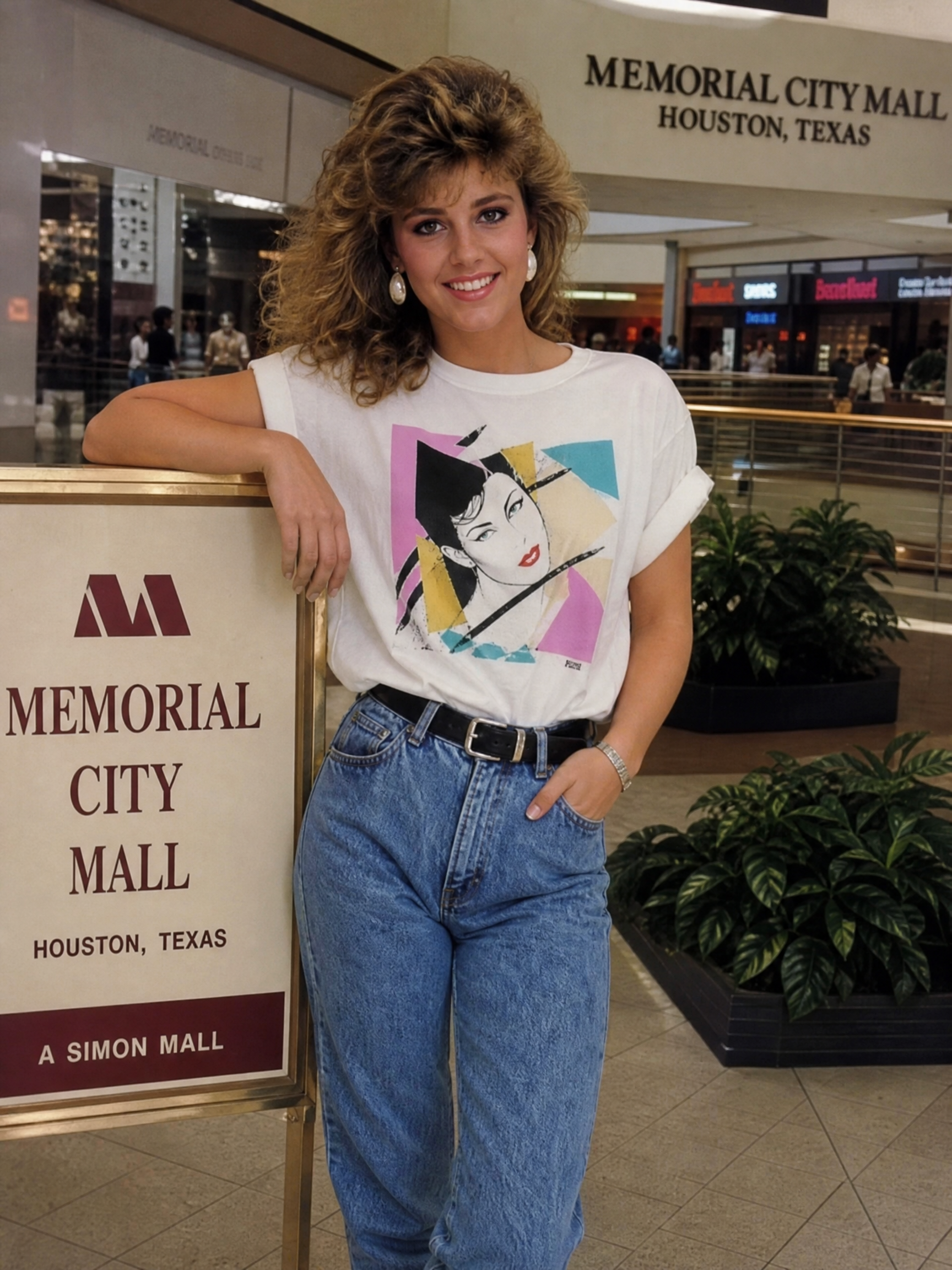 Woman in a white graphic tee and high-waisted jeans posing at Memorial City Mall, Houston
