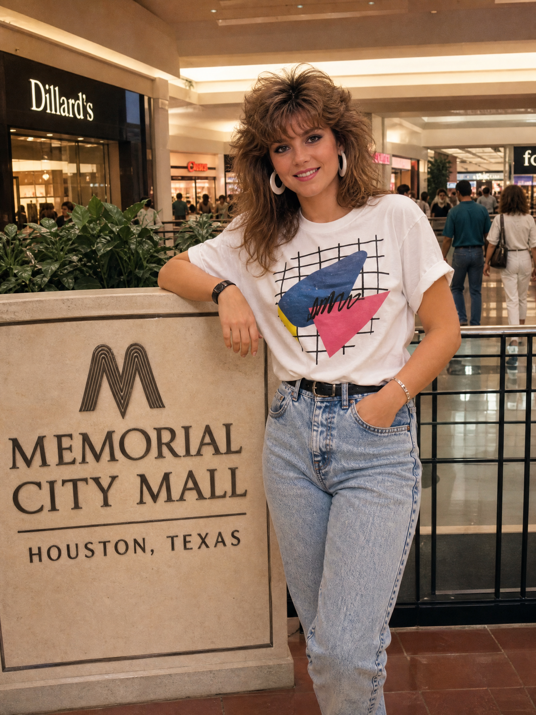 Woman in a white graphic tee and light jeans posing at Memorial City Mall in Houston.