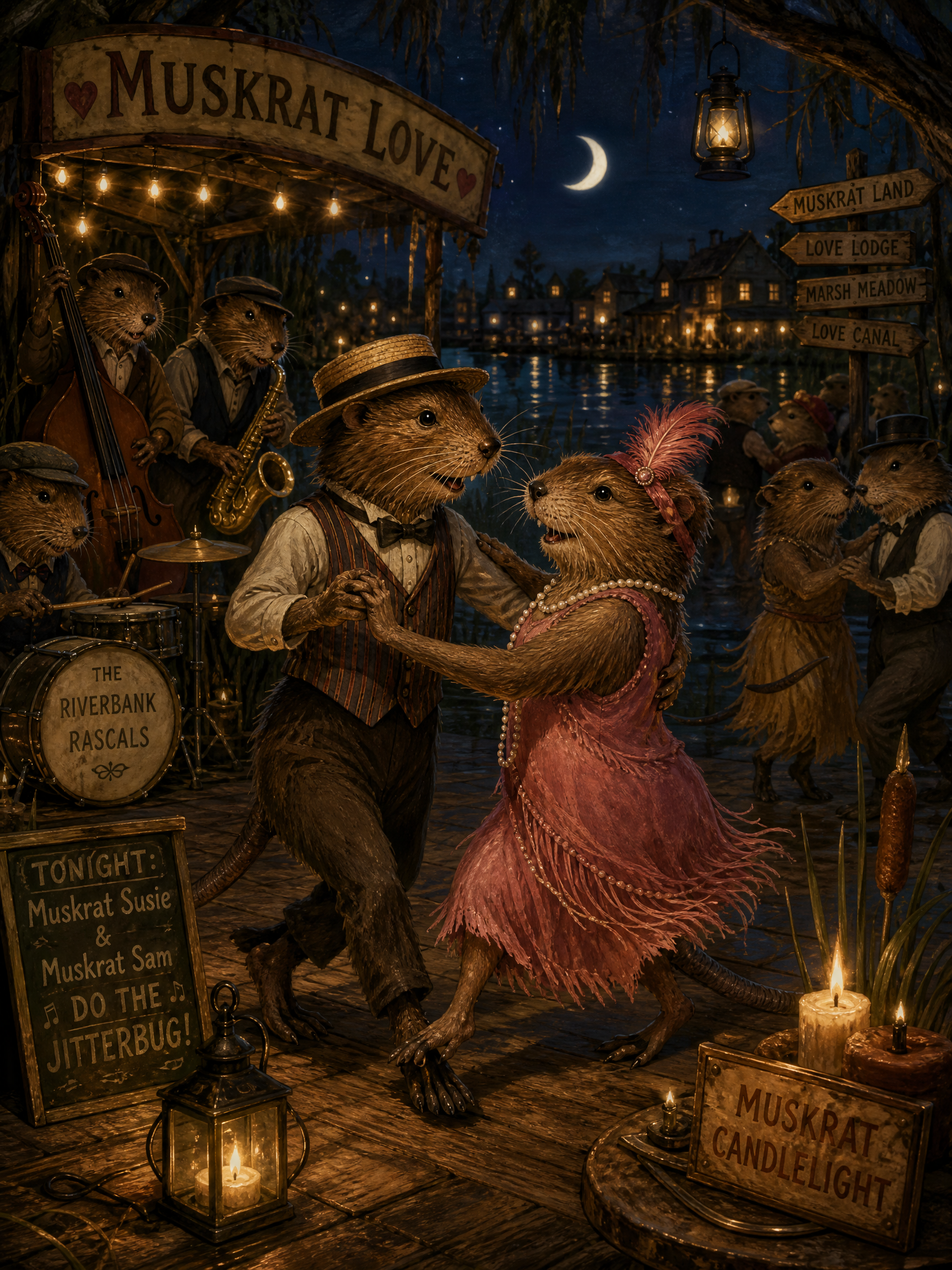 Anthropomorphic muskrats dance in a vintage night-time waterfront scene with a live band and lanterns.