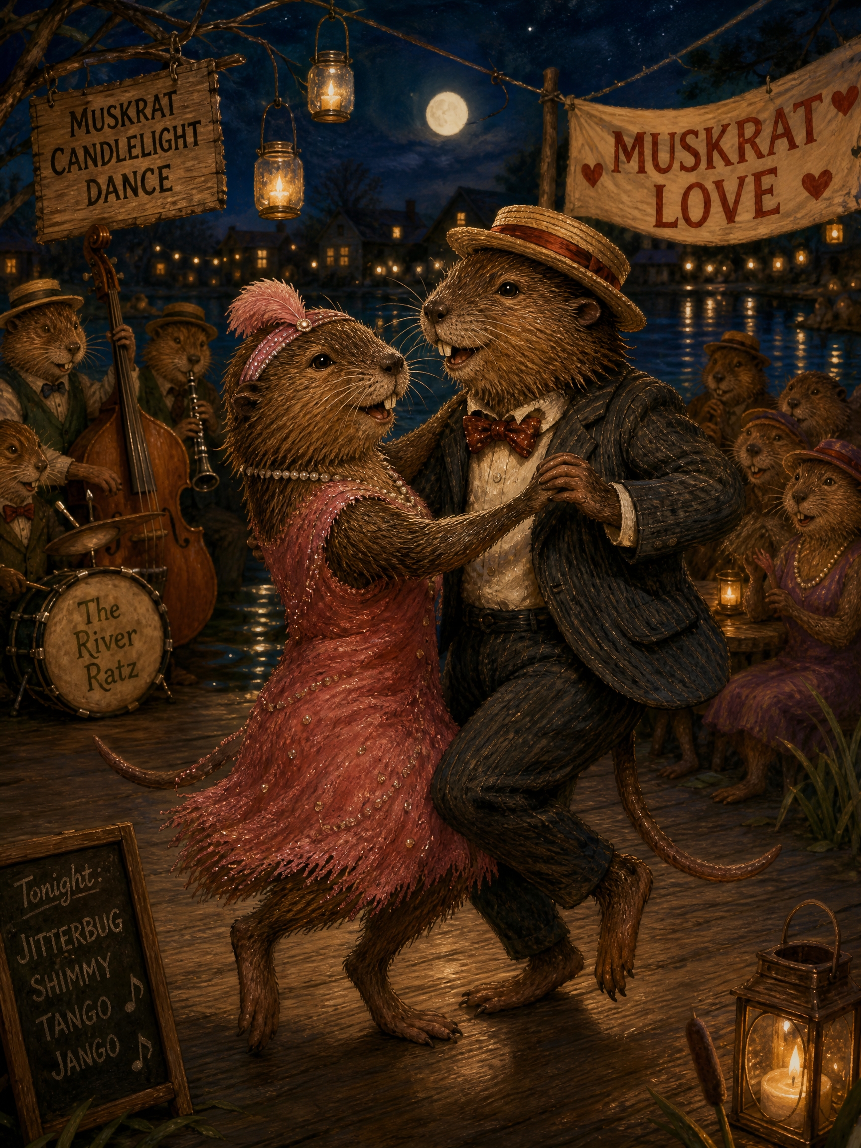 Anthropomorphic muskrats dancing at a candlelit riverside jazz scene in vintage attire.