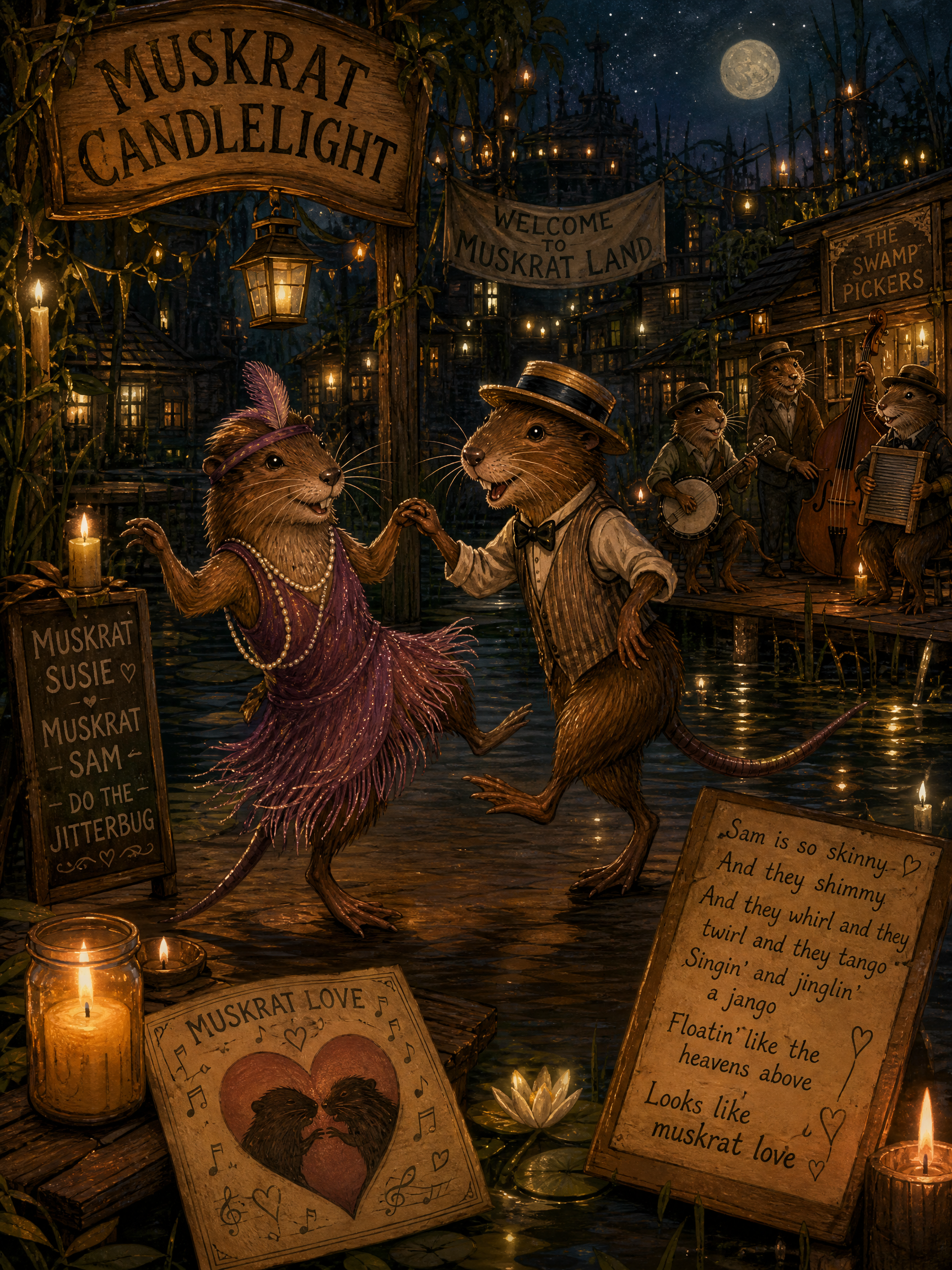 Two anthropomorphic muskrats dance under warm lantern light at a signposted Muskrat Candlelight festival.