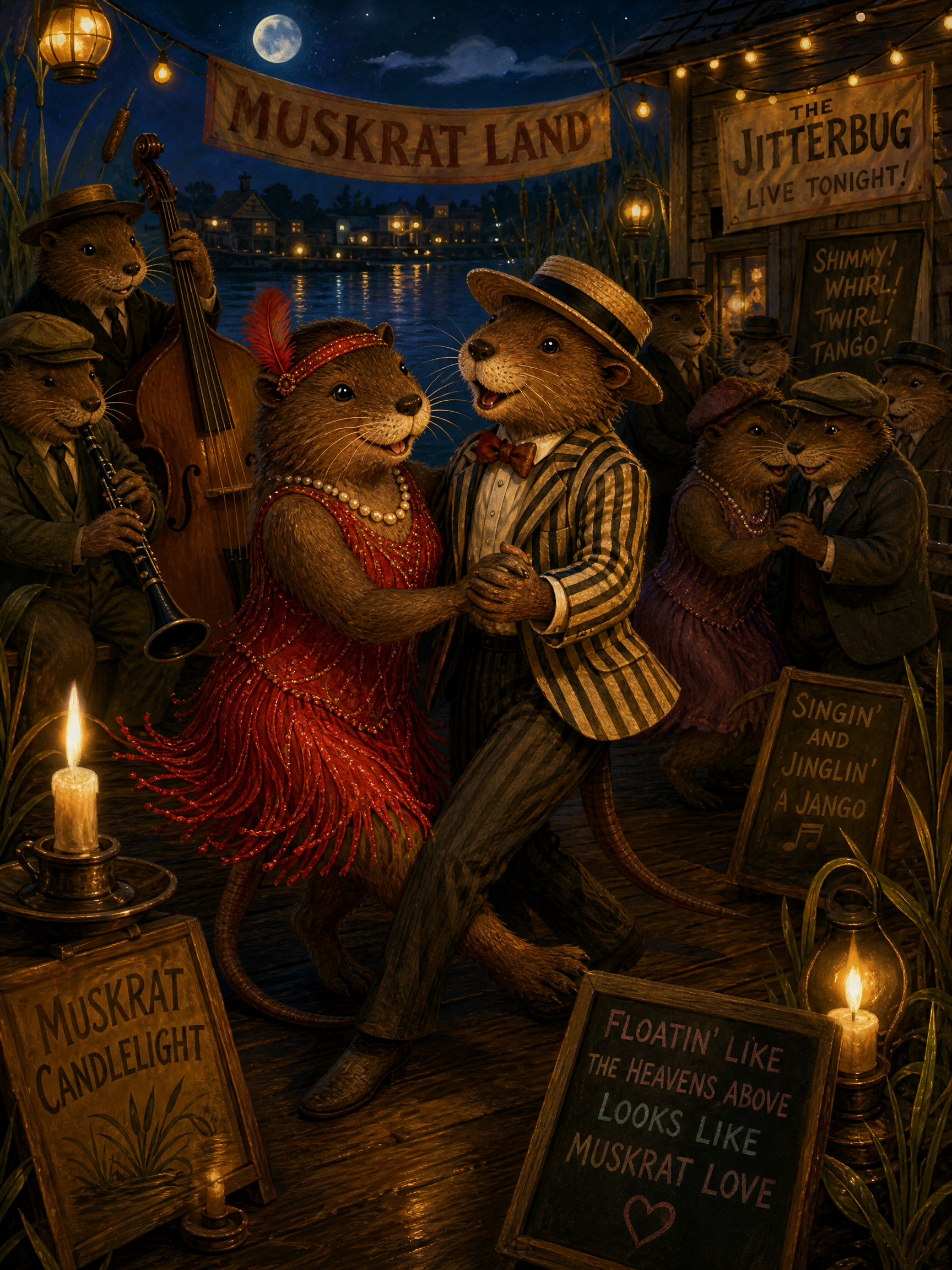 Two dressed muskrats dancing under string lights at night, with musicians and signs like Muskrat Land in a warm, vintage c...