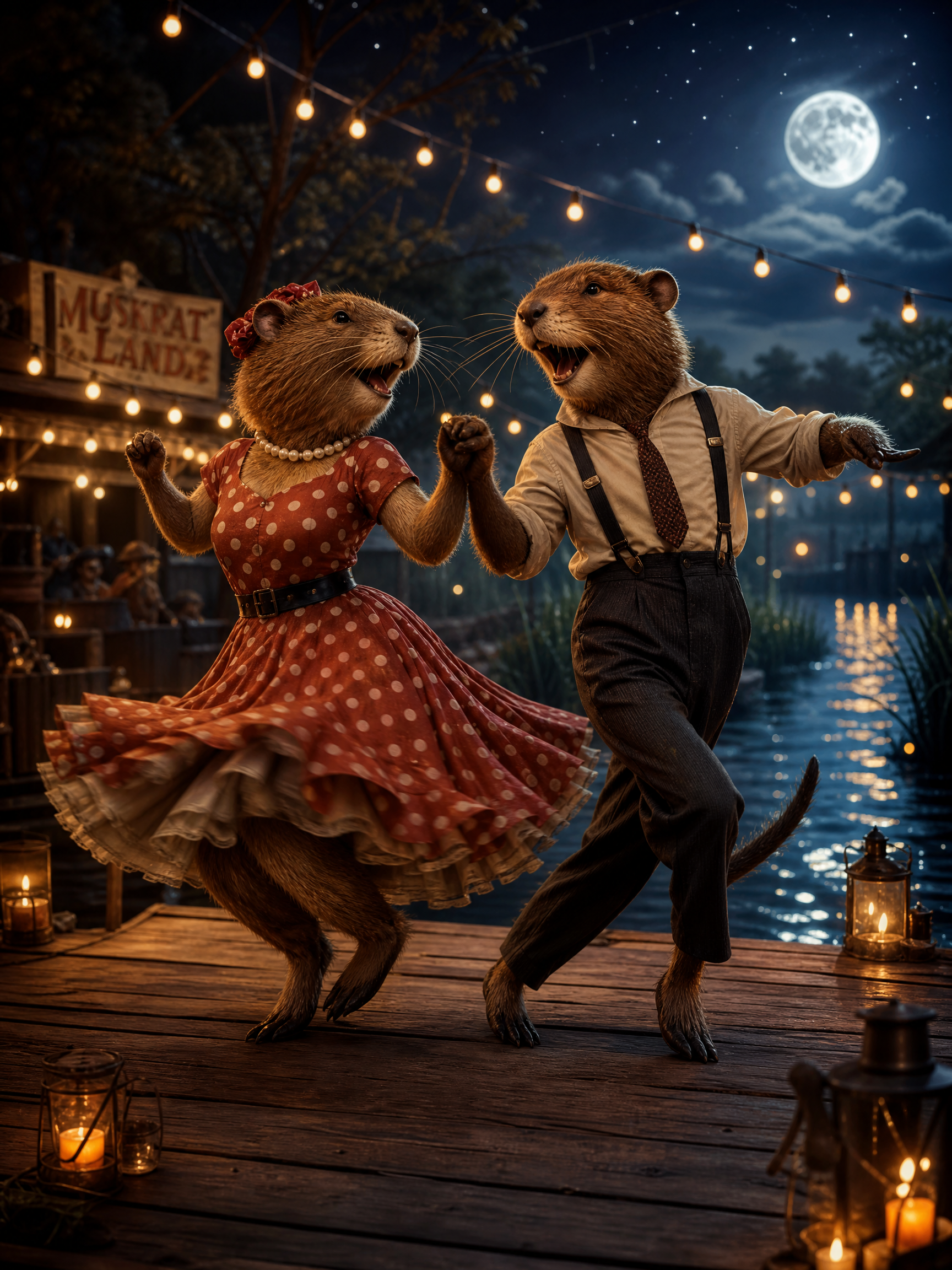 Two beaver characters dancing on a moonlit boardwalk with string lights and vintage outfits.