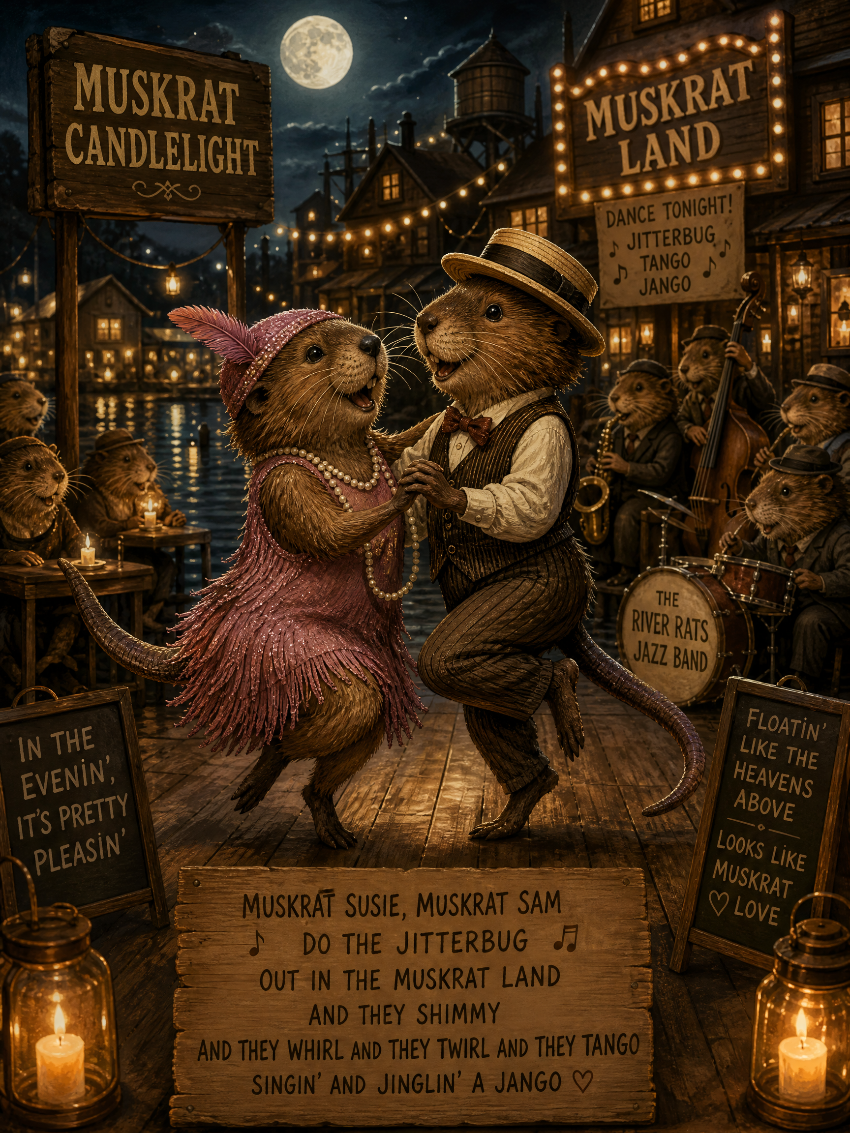 Two muskrat dancers in vintage attire dance on a wooden stage under string lights at Muskrat Land, moonlit night scene.