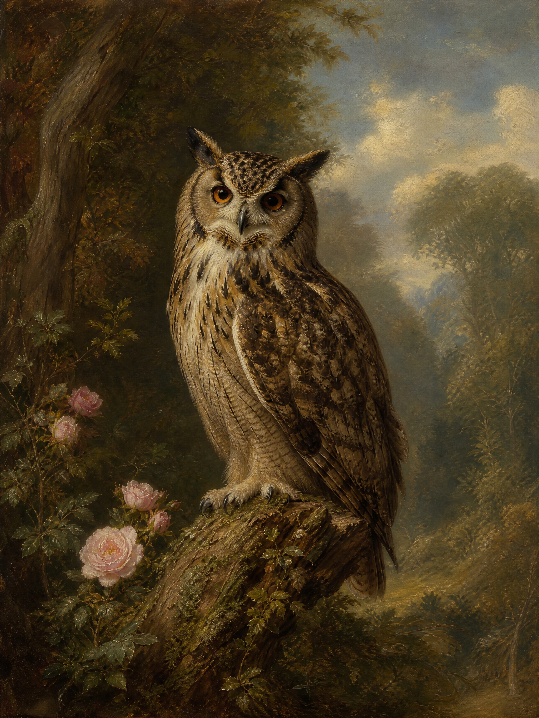Owl perched on a rocky ledge amid roses in a classical landscape painting.
