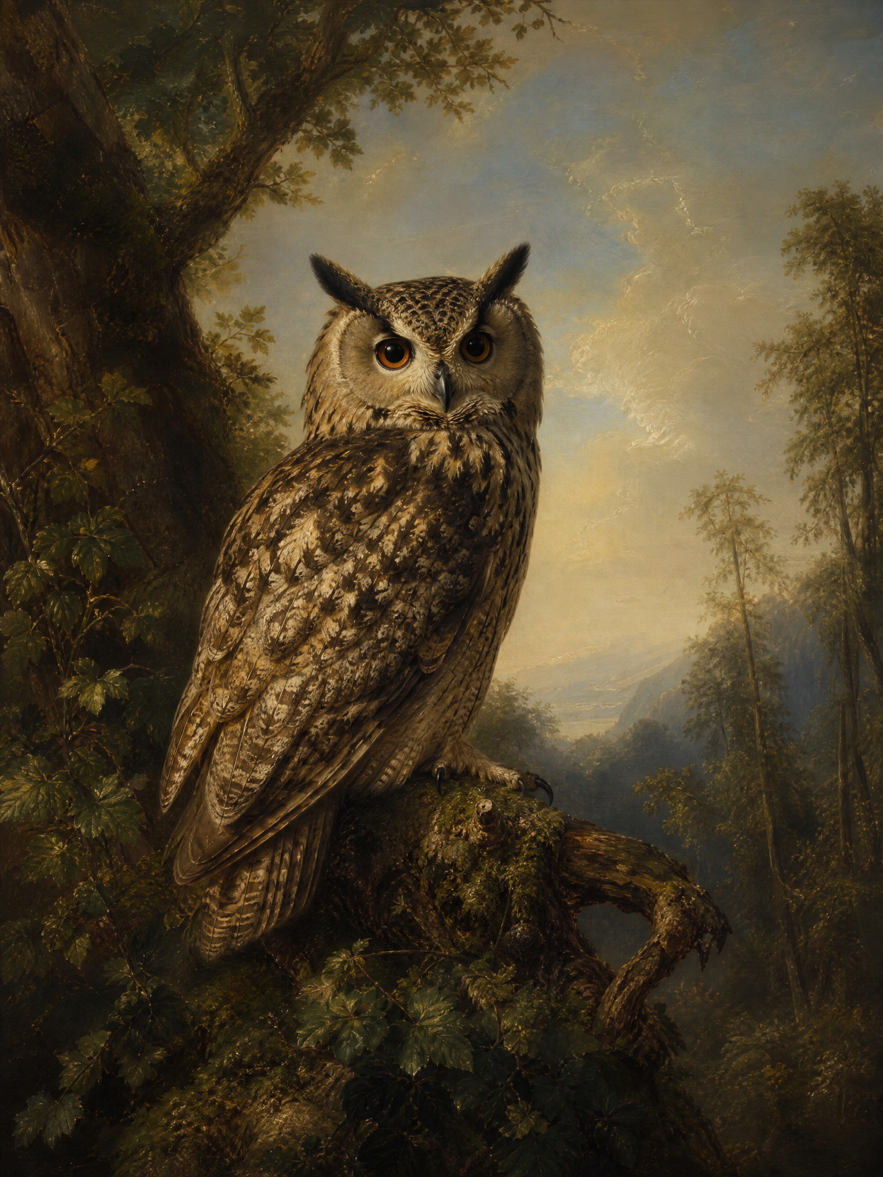 Classic oil painting of a perched owl on a mossy branch in a forest landscape.