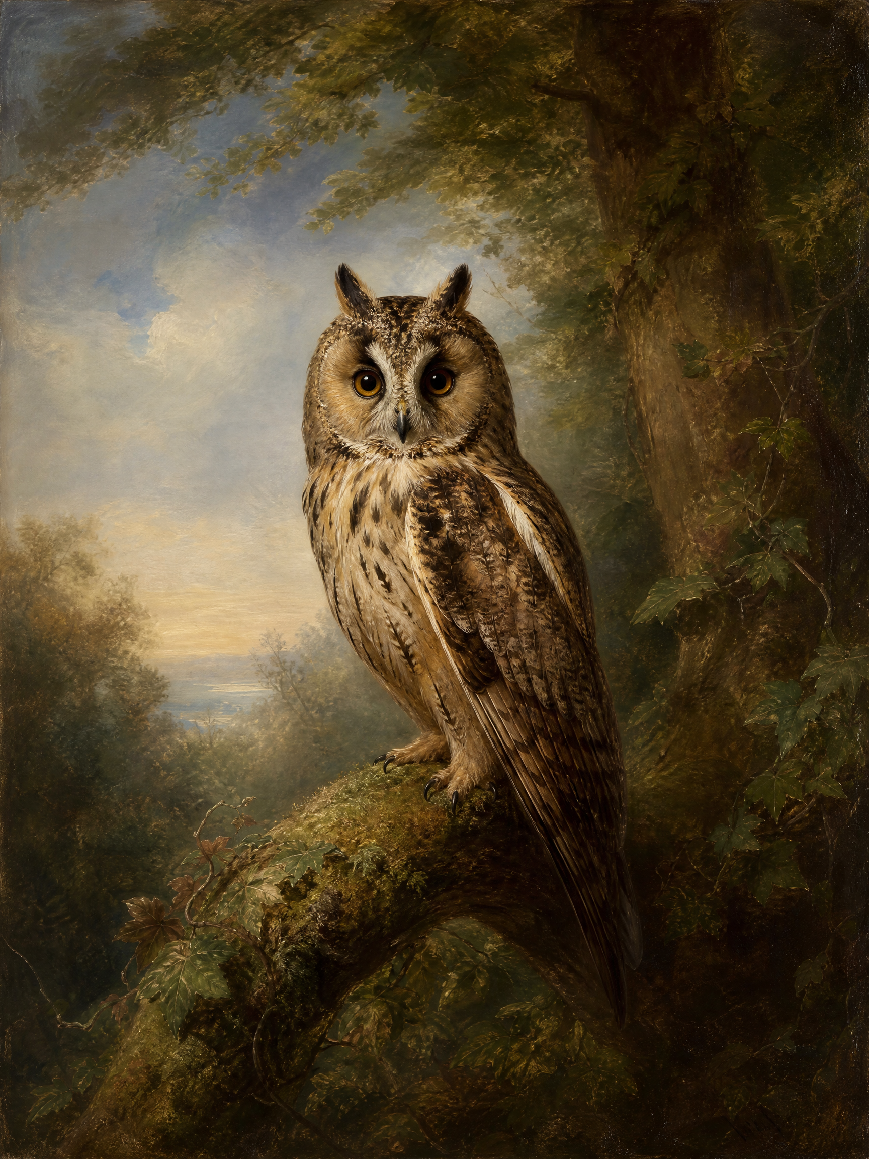 Realistic owl perched on a mossy branch in a sunlit forest setting, detailed feathers and attentive gaze.