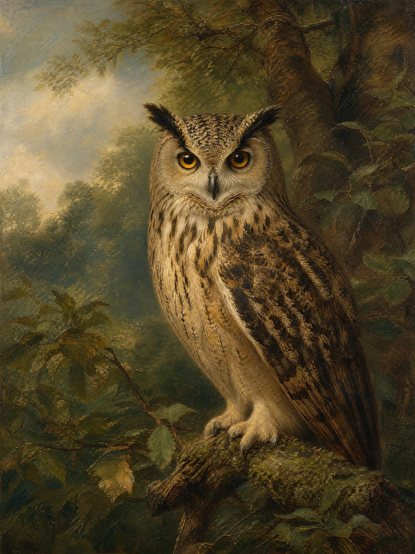 Owl perched on a mossy branch in a dense forest painting.
