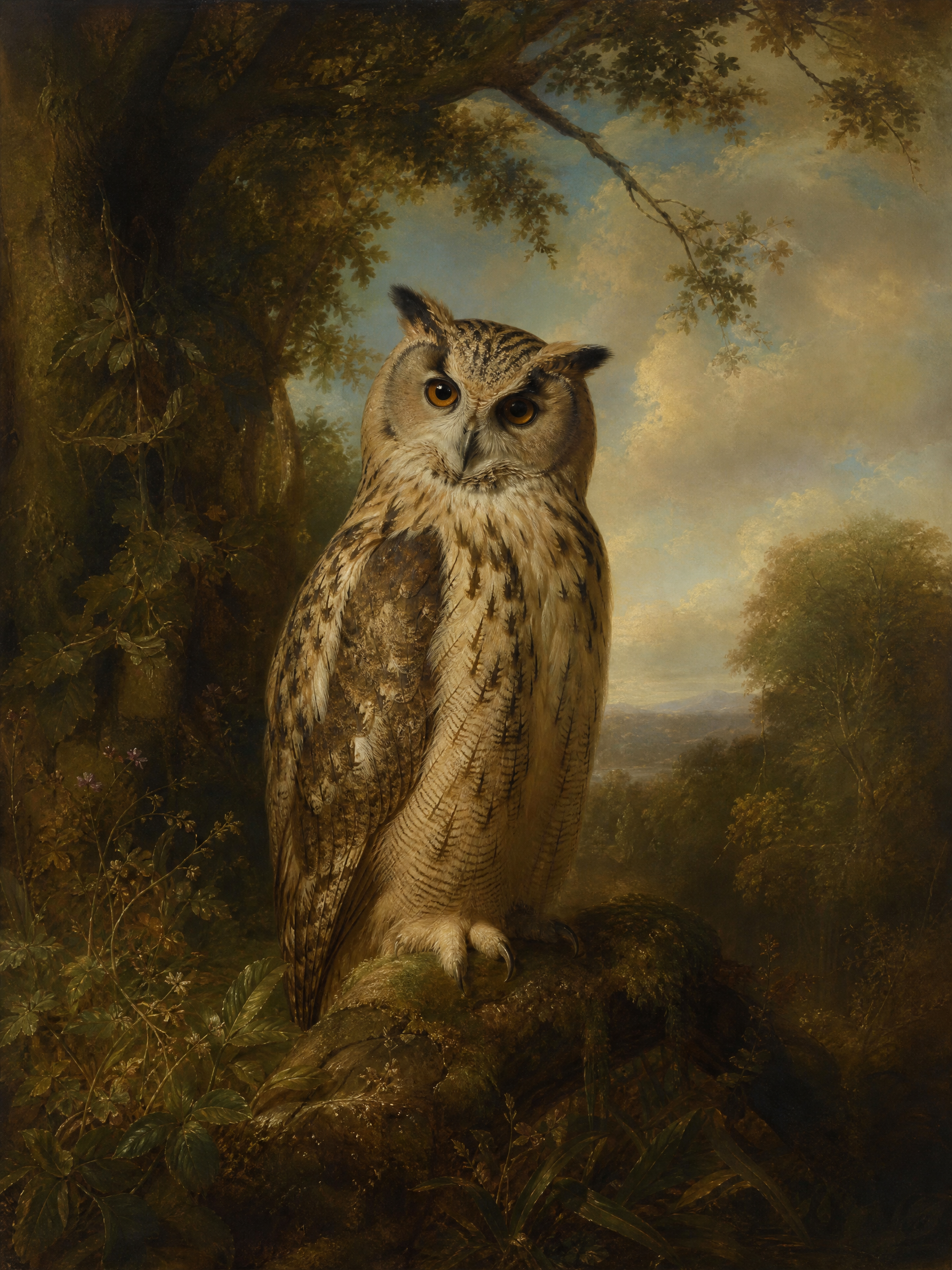 Painting of a perched owl on a mossy branch in a dense forest at dusk.