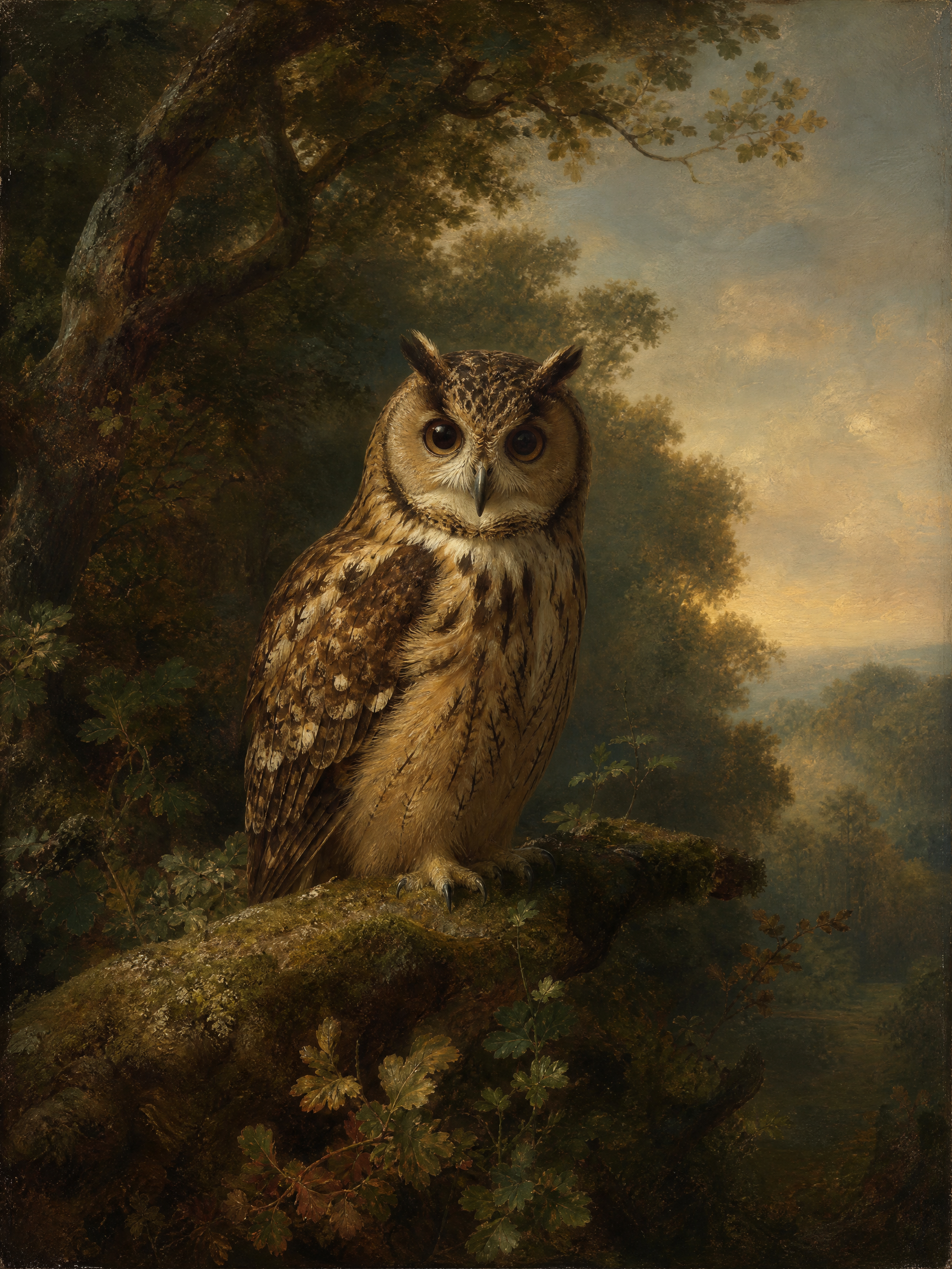 Owl perched on a mossy branch in a forest landscape painting