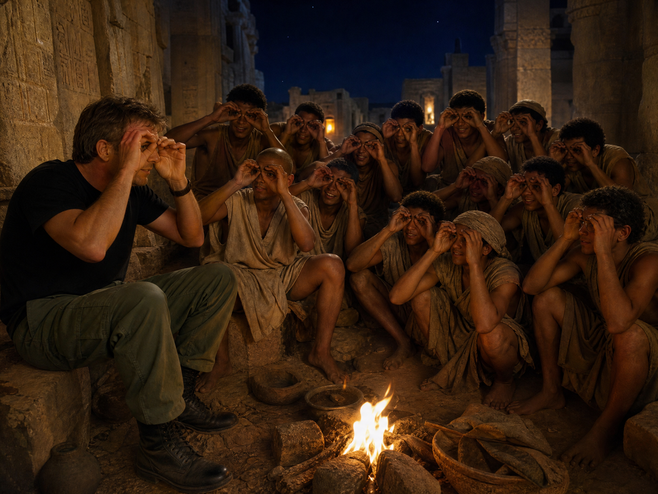 A man leads a group of robed men around a campfire in ancient ruins at night.