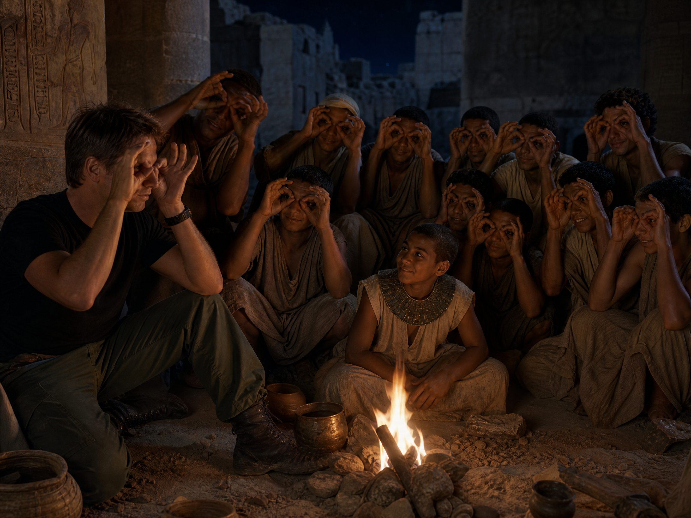 Man by a campfire with a group of people making eye hole gestures at night.