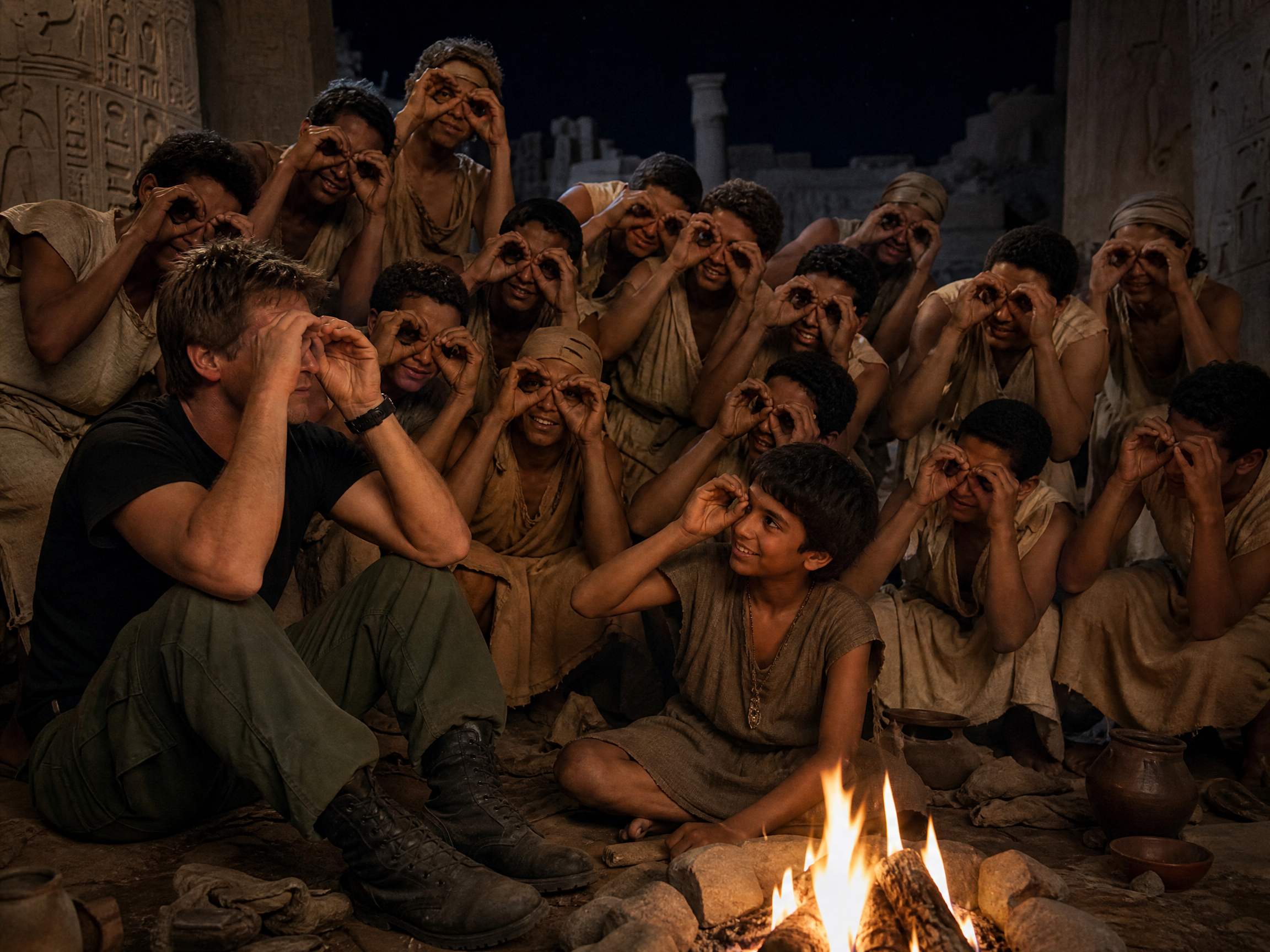 Group of men and boys in ancient tunics around a campfire, making spy-glass hands at night.