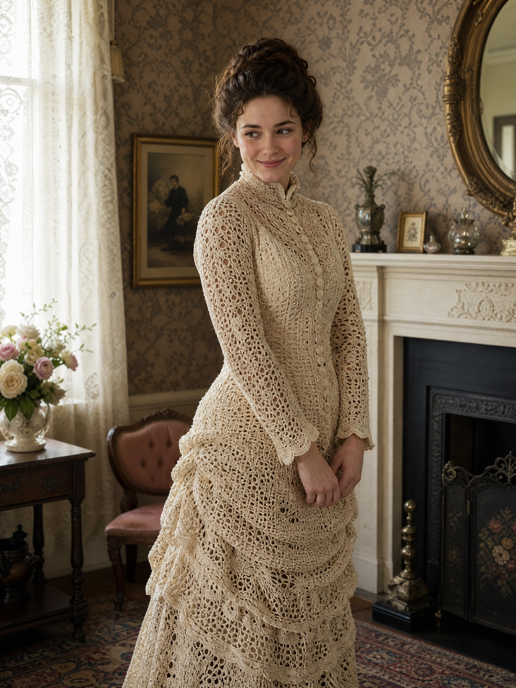 Woman in a beige vintage lace crochet dress in a classic room with a fireplace and wallpaper.