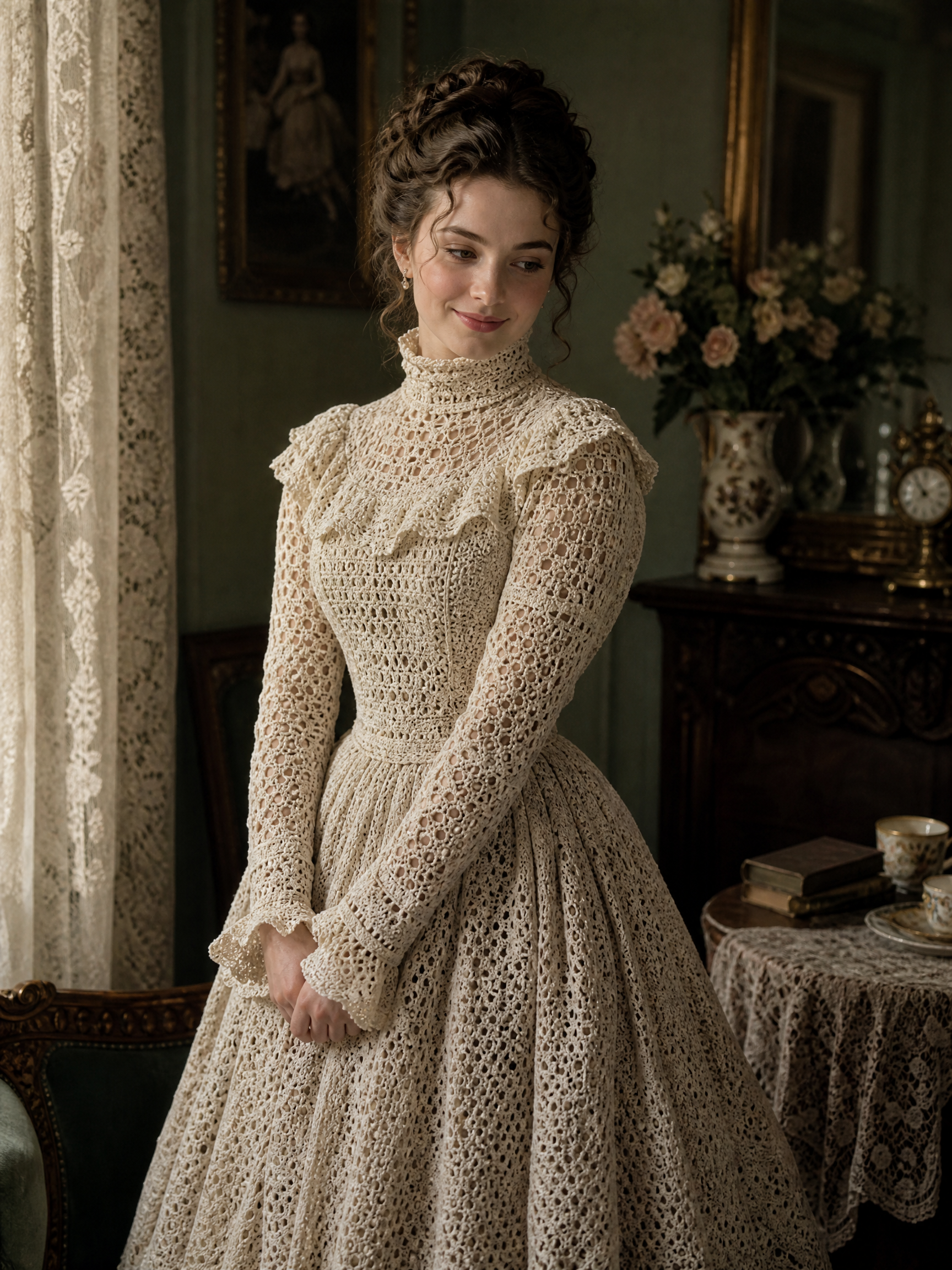 Woman in a cream vintage lace dress with high neck in an antique parlor.