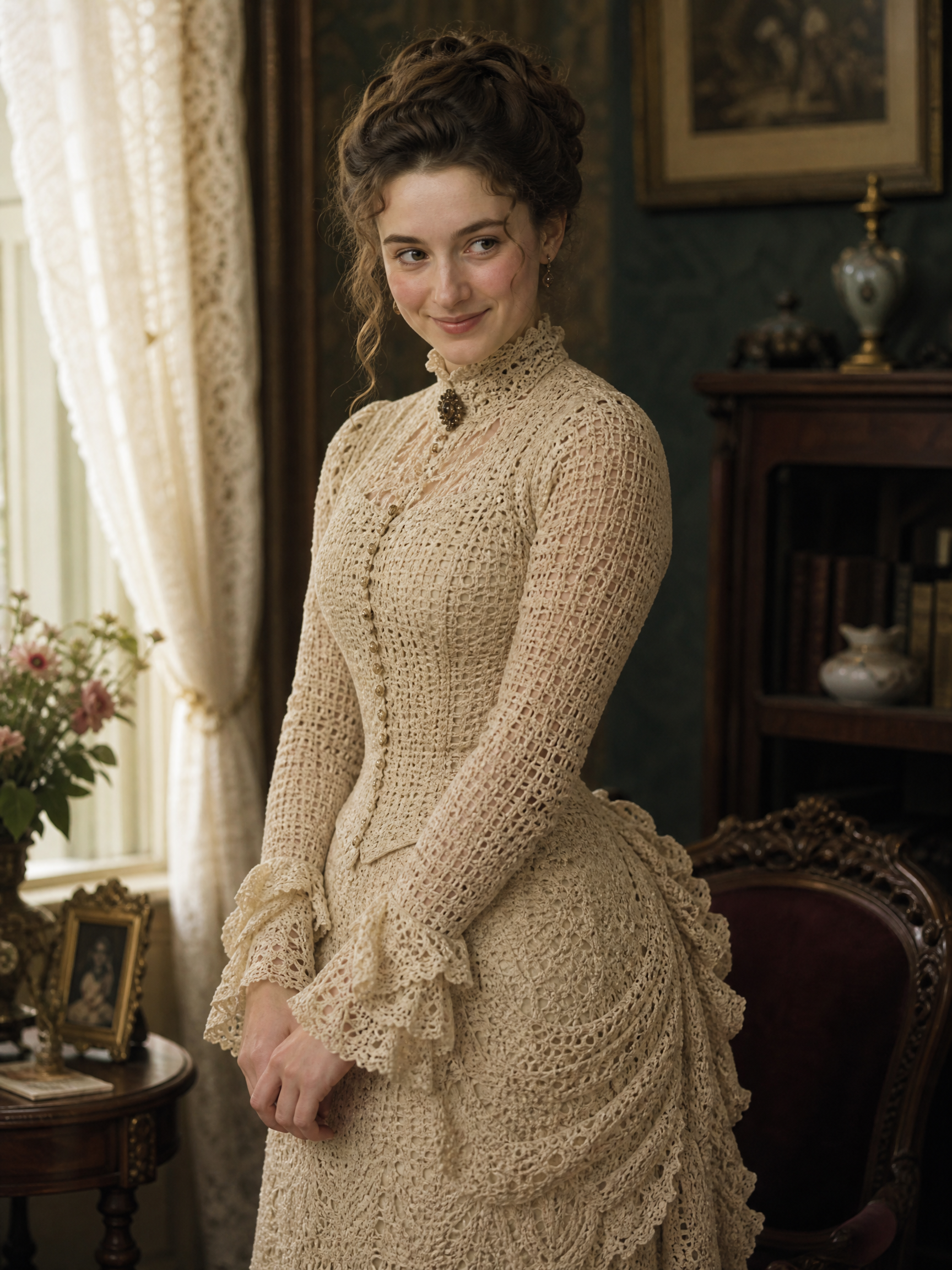 Vintage beige lace dress worn by a woman in an elegant antique room.