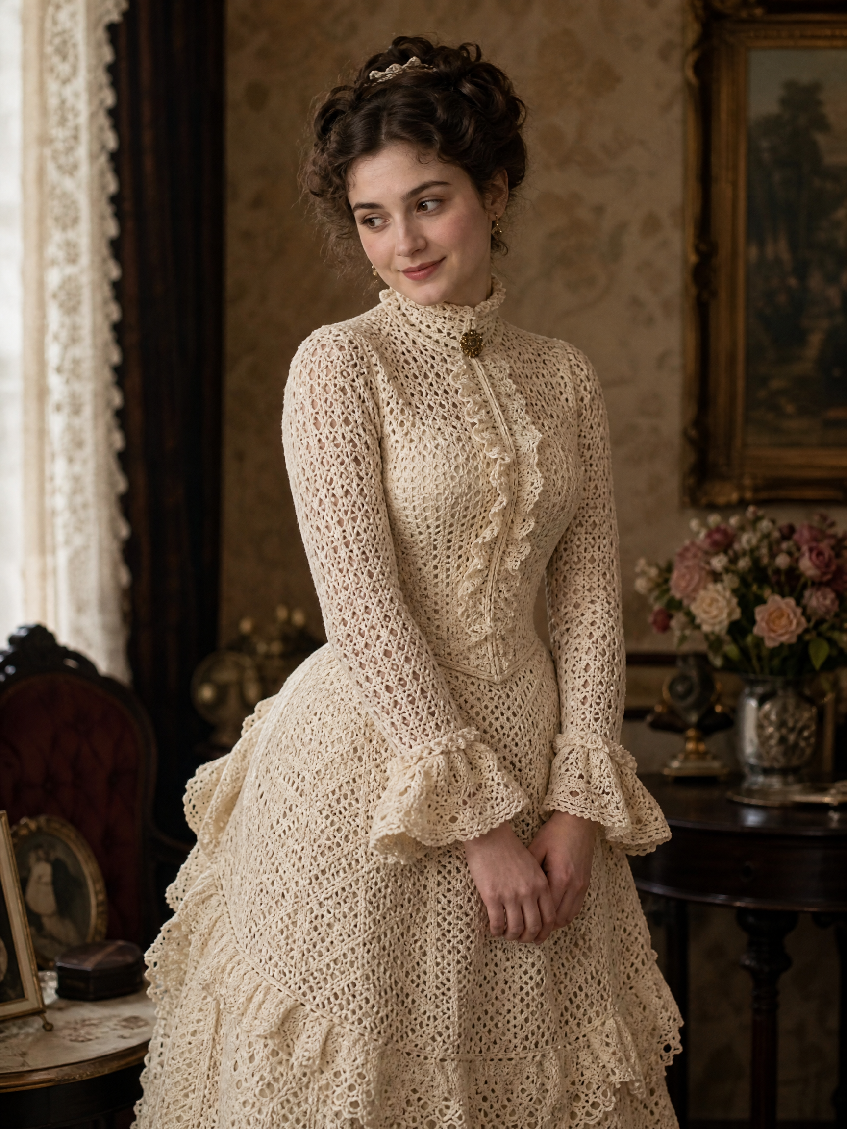 Woman in a vintage cream lace Victorian dress indoors with an elegant updo hairstyle.