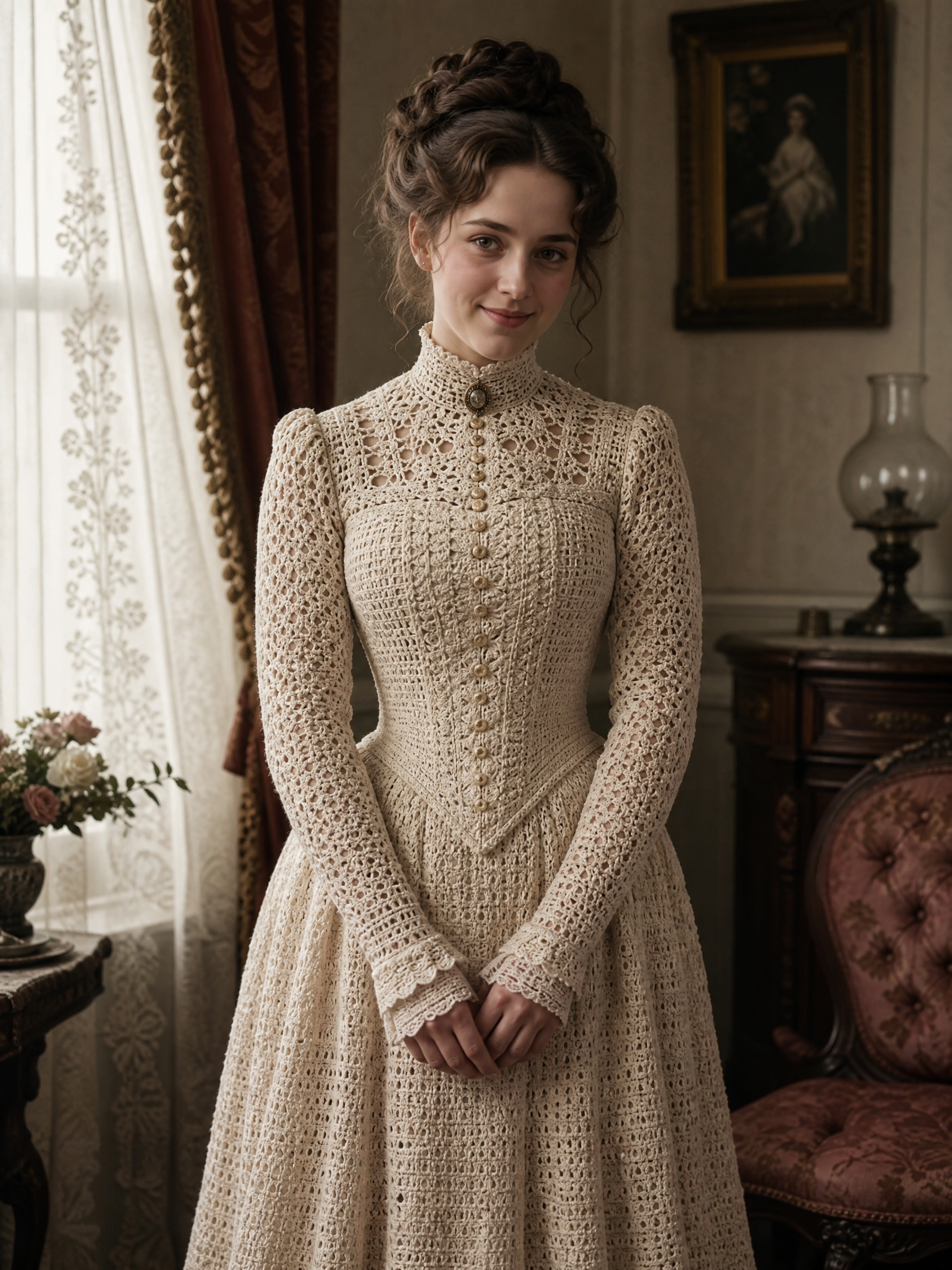 Woman in a cream Victorian-era crocheted dress with a high neck and buttoned bodice indoors.