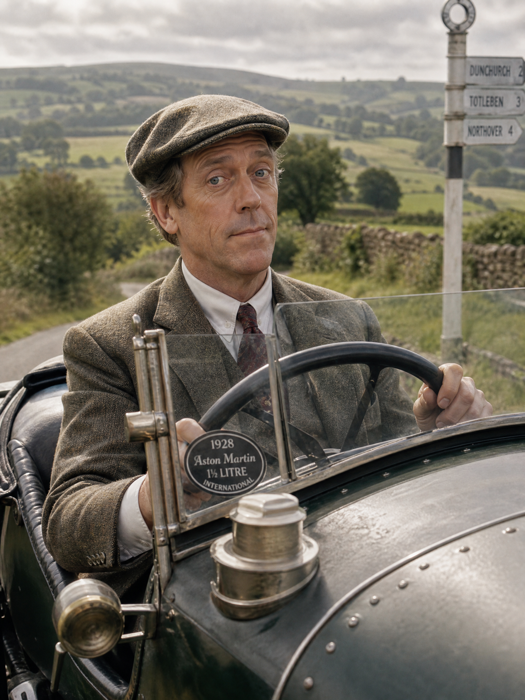 Man in vintage suit and flat cap driving a 1928 Aston Martin roadster in a rural countryside setting