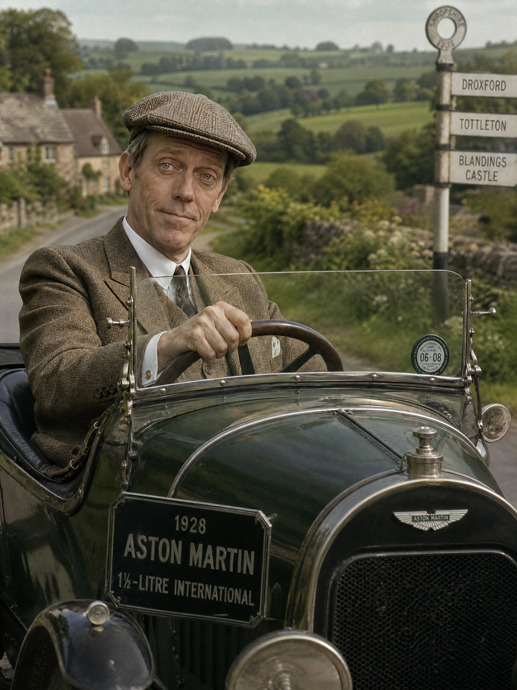 Man in tweed cap driving a 1928 Aston Martin vintage car in rural English countryside.