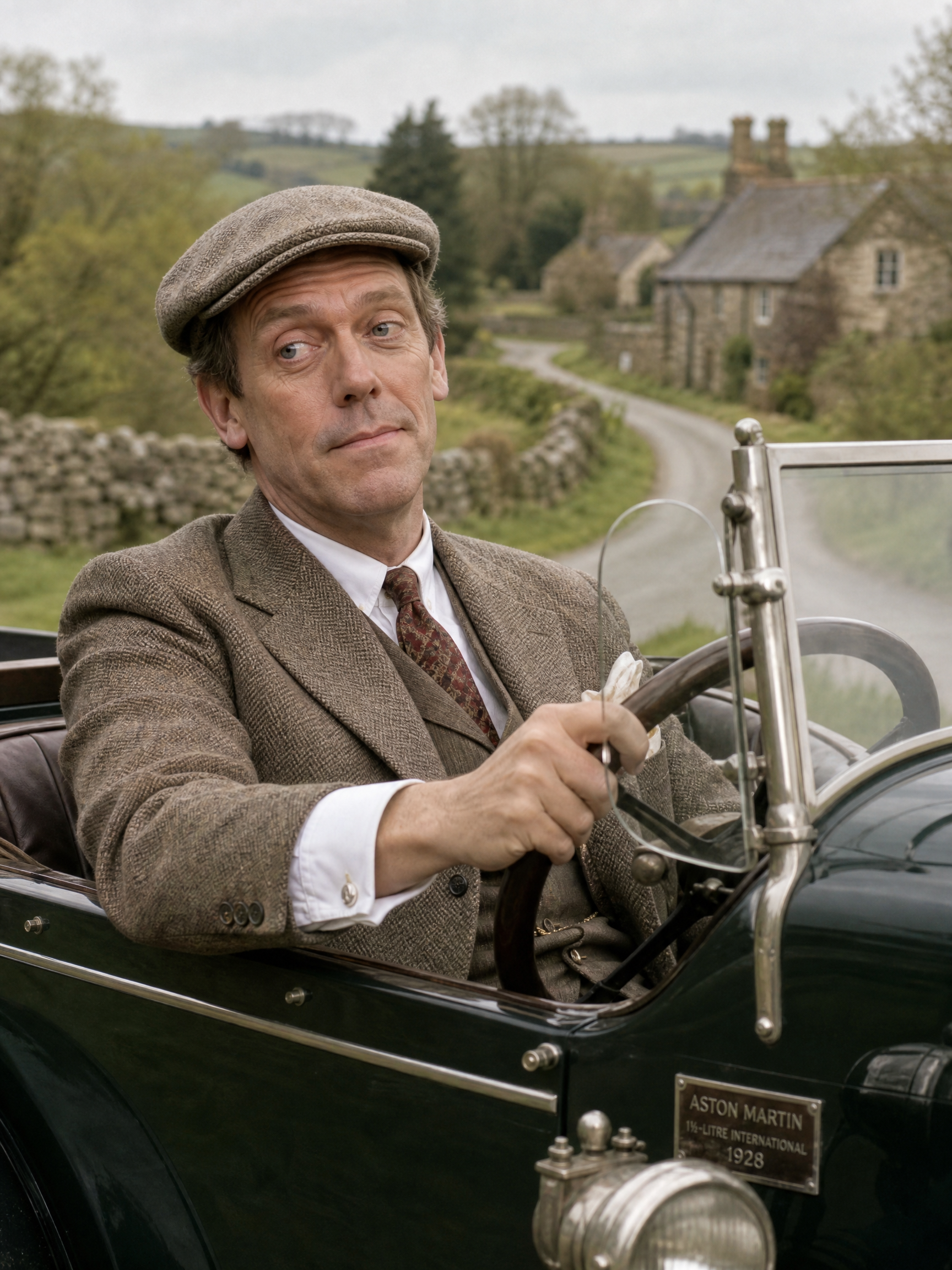 Man in tweed suit and cap driving a vintage Aston Martin in a rural English village.