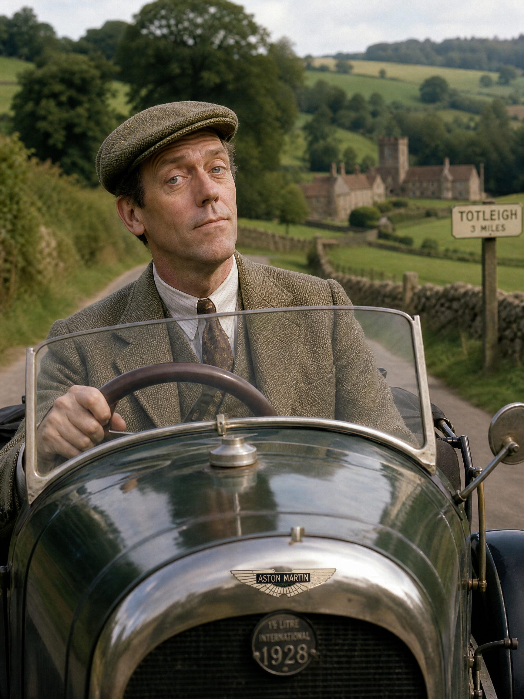 Man in a tweed cap driving a vintage Aston Martin on a rural English road.