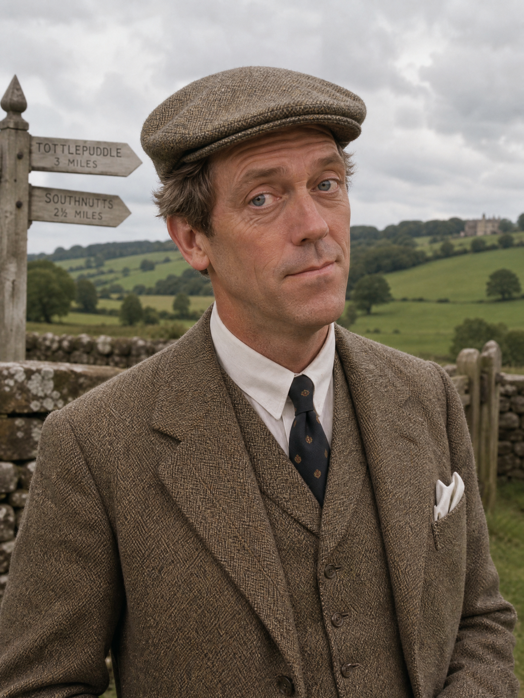 Man in tweed suit and flat cap standing in a rural English countryside.