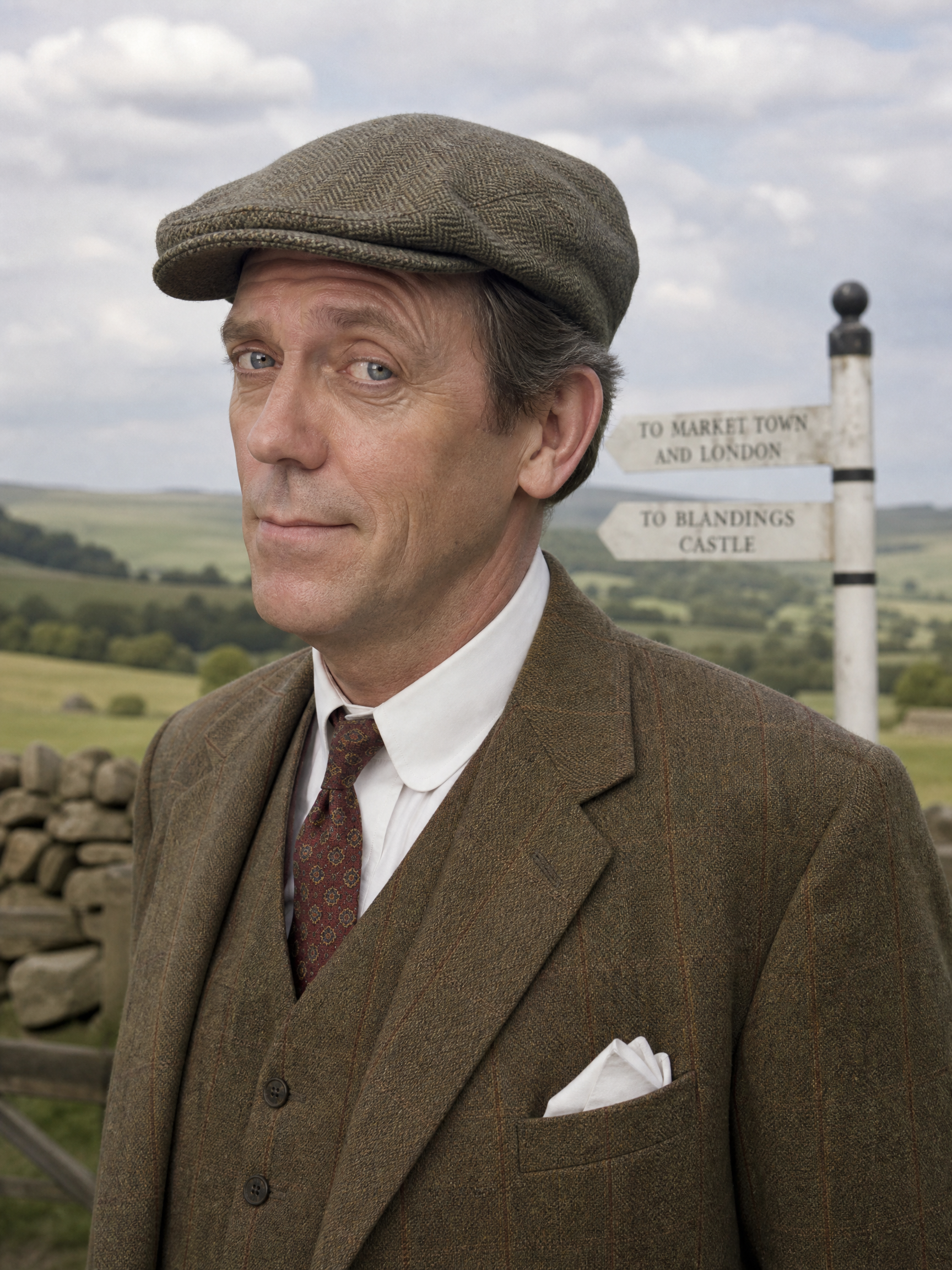 Man in vintage tweed suit and flat cap standing outdoors with countryside and signposts.