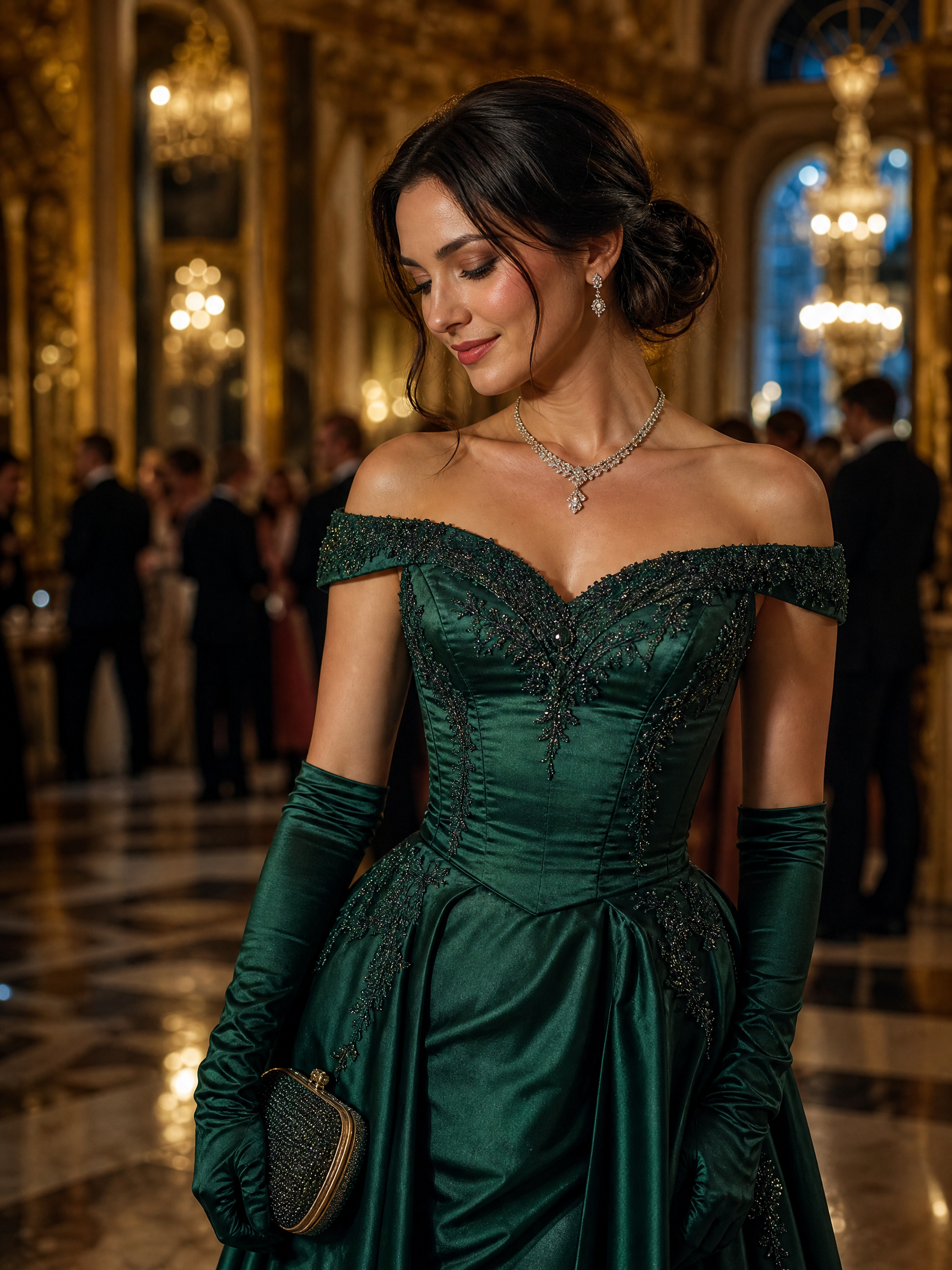 Woman in an emerald green off-shoulder evening gown with long gloves at a luxurious ballroom event.