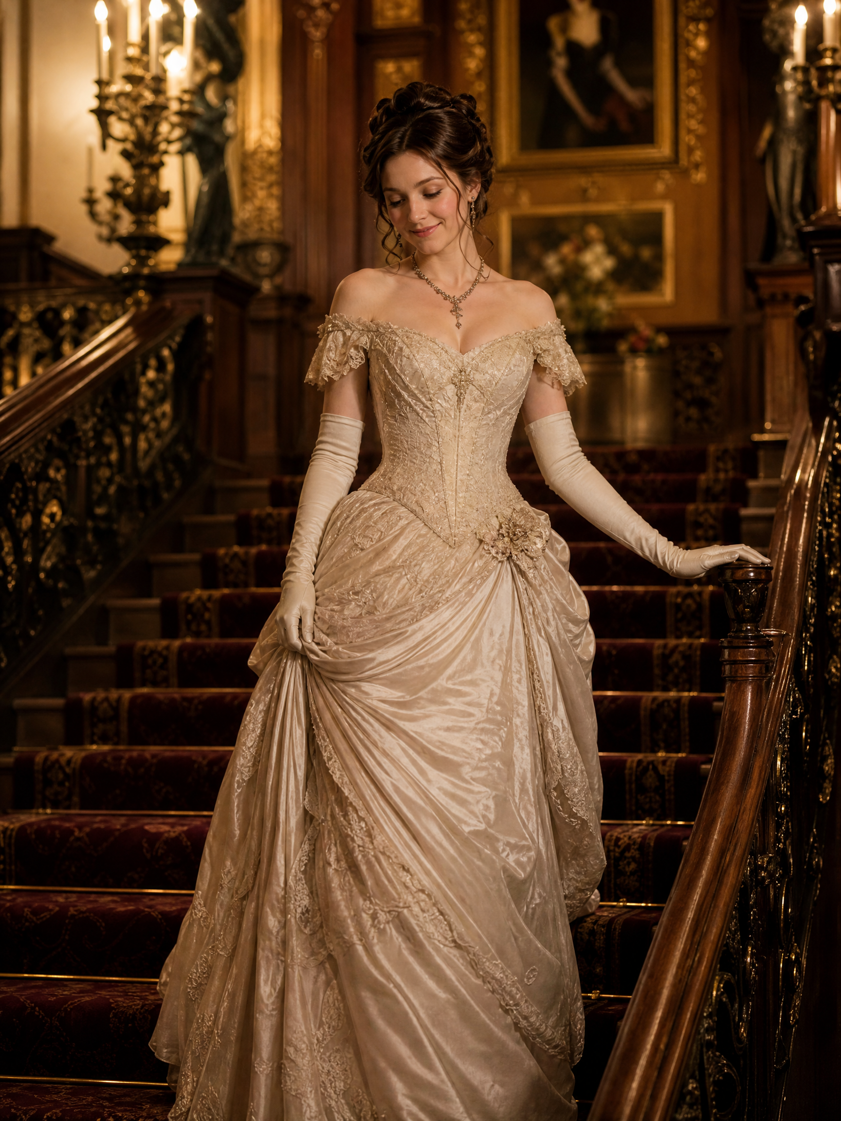 Elegant ivory Victorian-inspired wedding gown on a bride descending a grand ornate staircase.