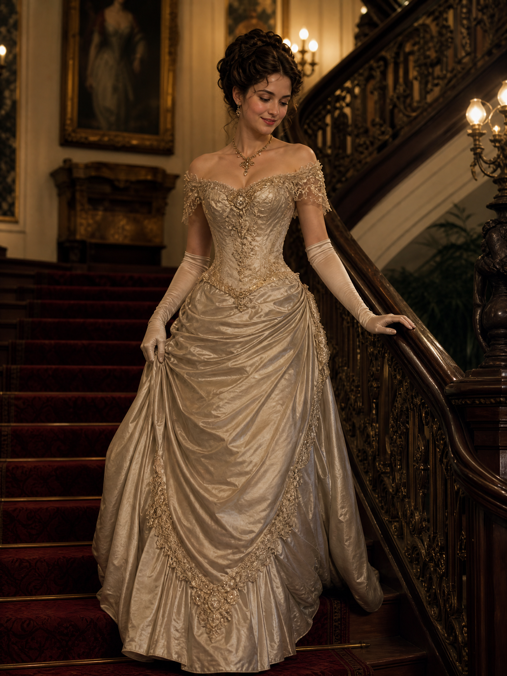 Bride in ivory vintage-inspired wedding gown with off-the-shoulder lace, posing on a grand staircase.