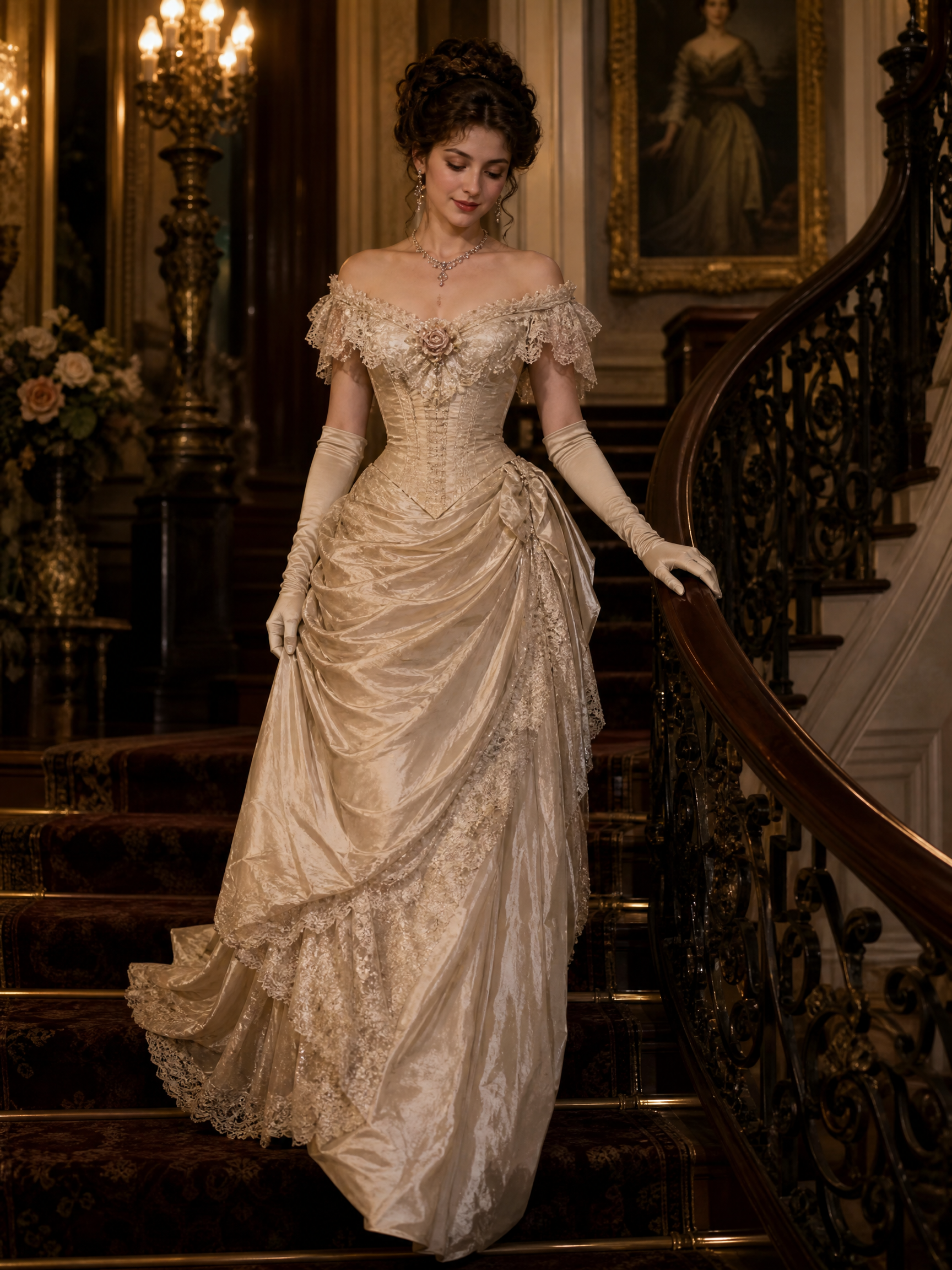 Woman in an ivory Victorian-era wedding gown with lace on a grand staircase.