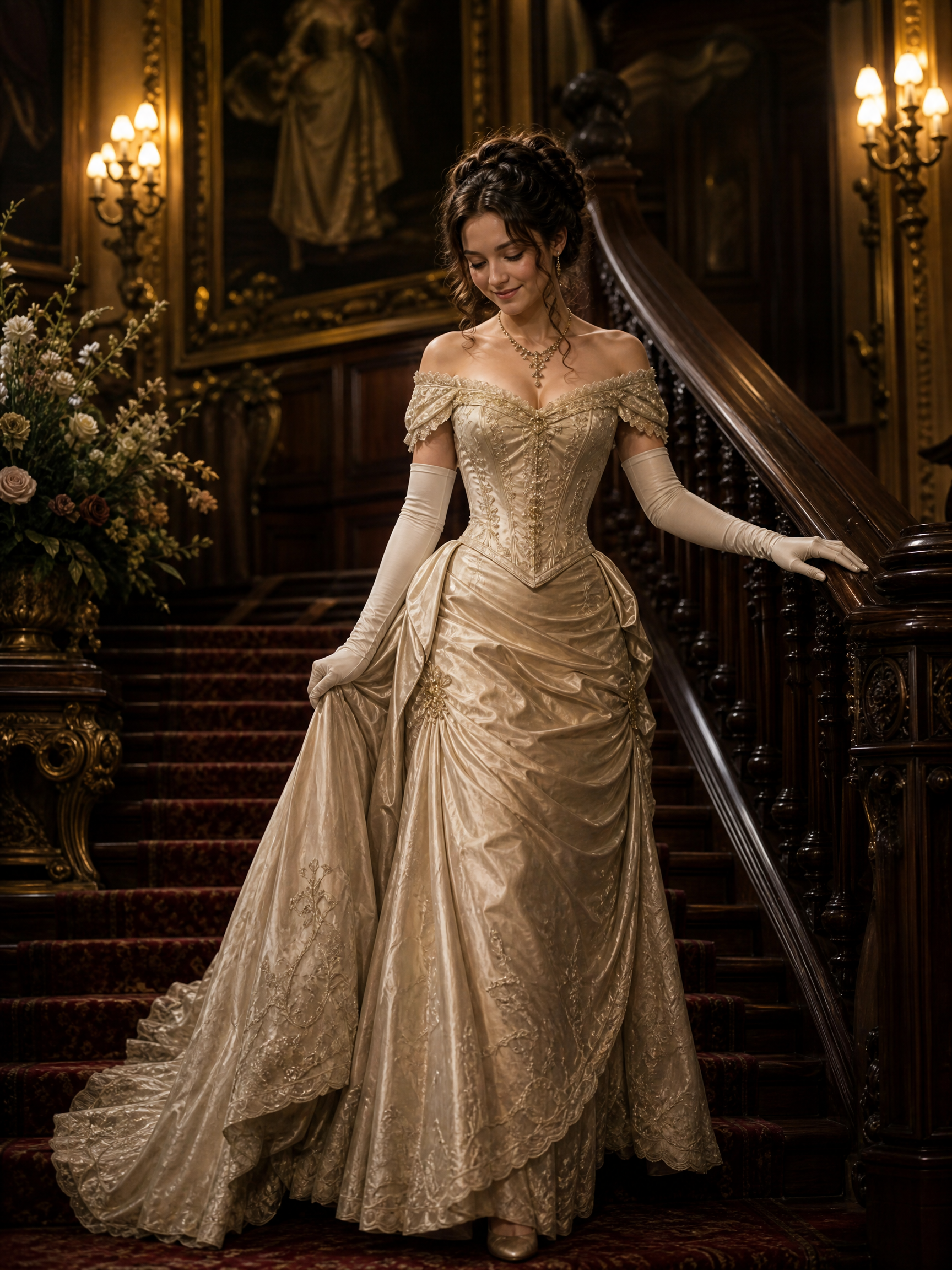 Elegant ivory Victorian-era wedding dress with off-shoulder lace, on a woman on a grand staircase