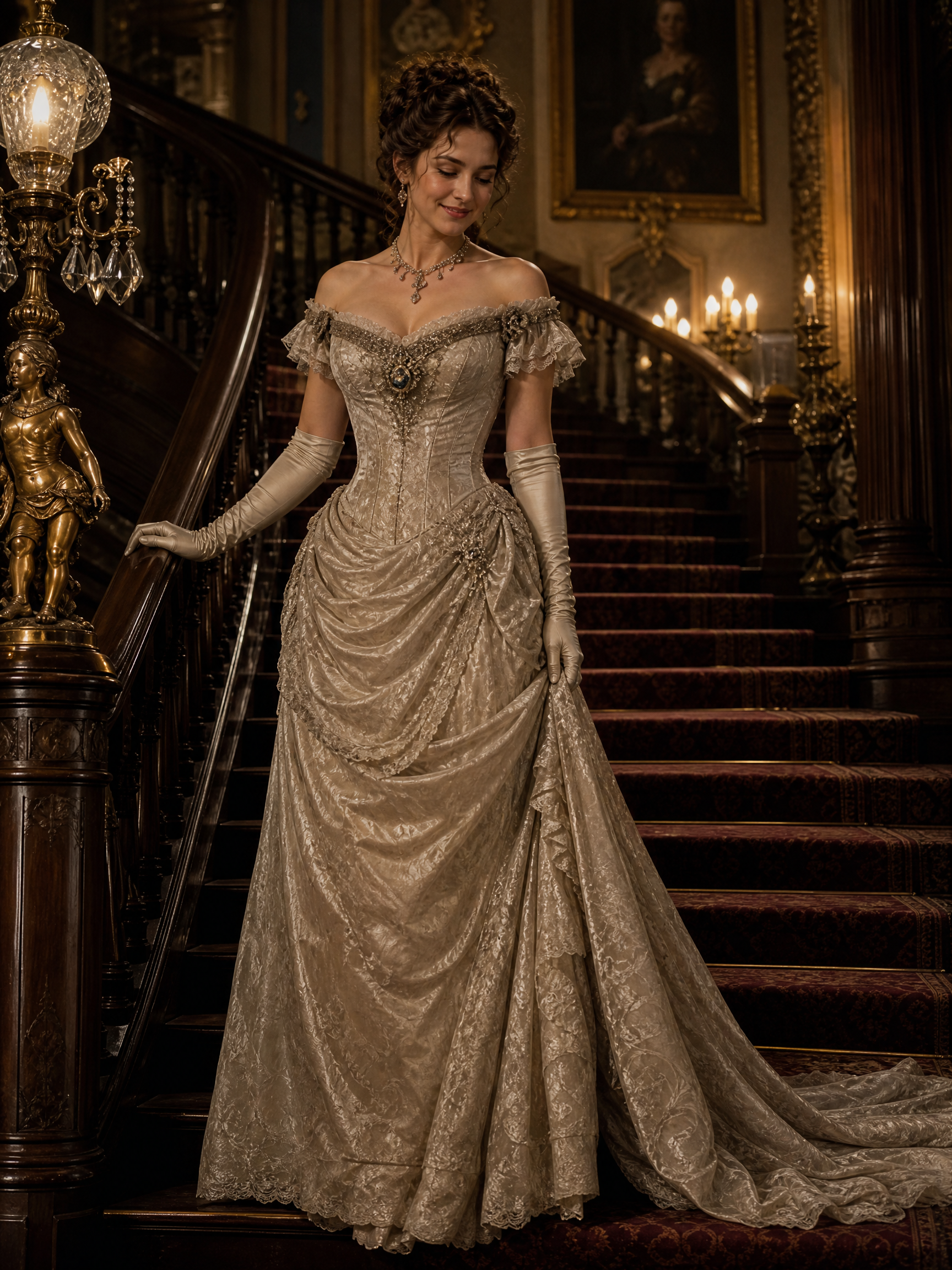 Elegant Victorian-era wedding dress on grand staircase with ornate lace and chandelier lighting