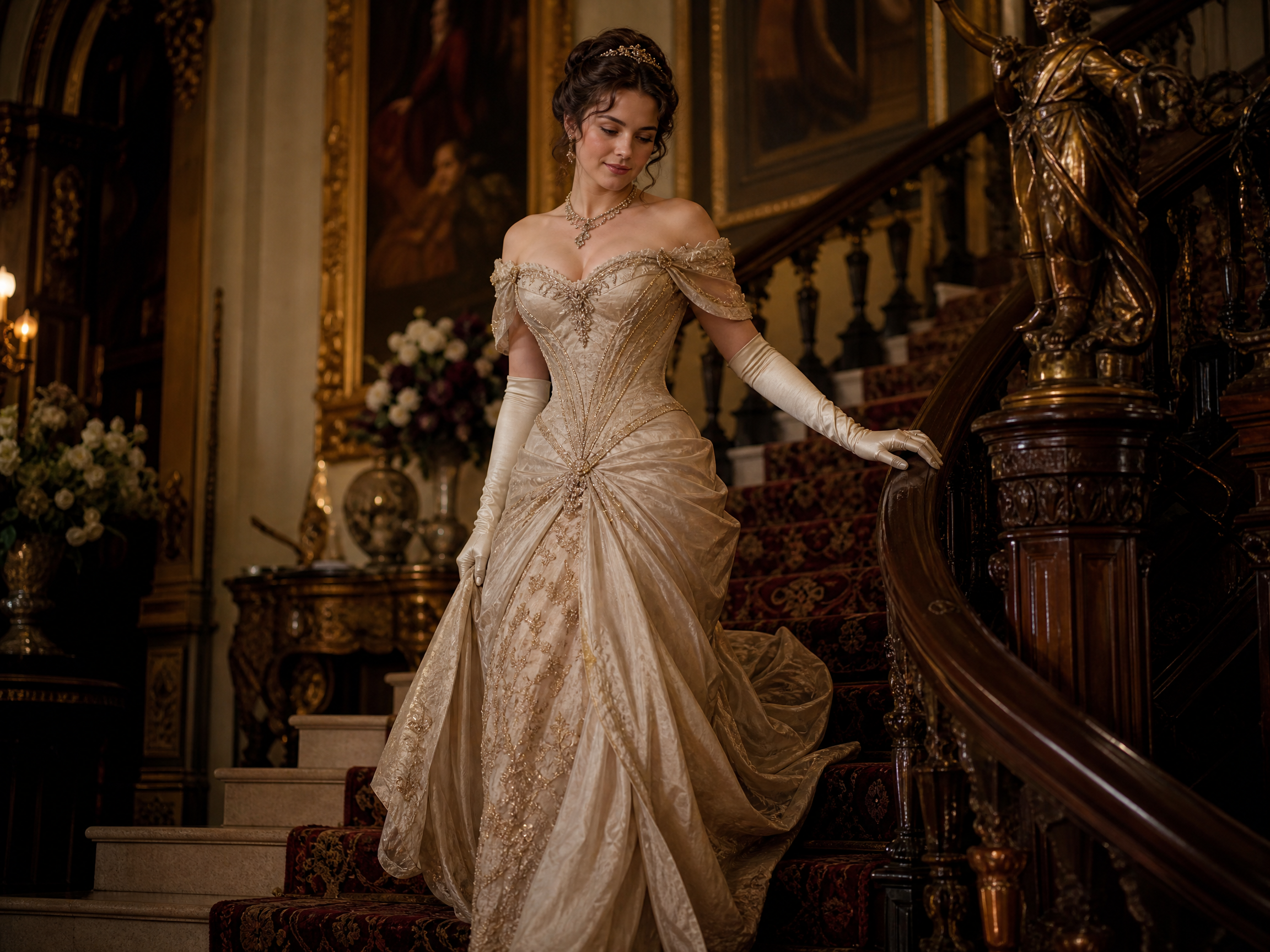 Woman in a champagne wedding gown descending a grand staircase in a luxurious mansion.