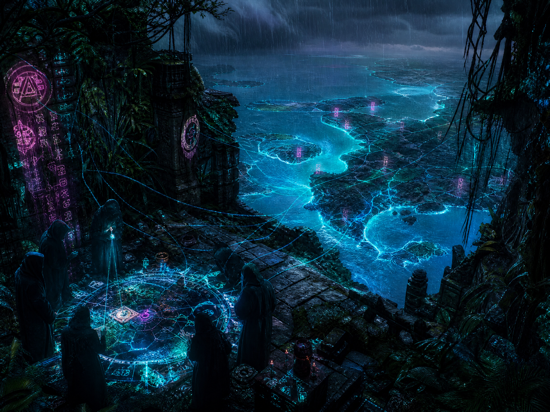 Cloaked figures on ancient ruins overlooking a glowing blue coastline with neon magical circles.