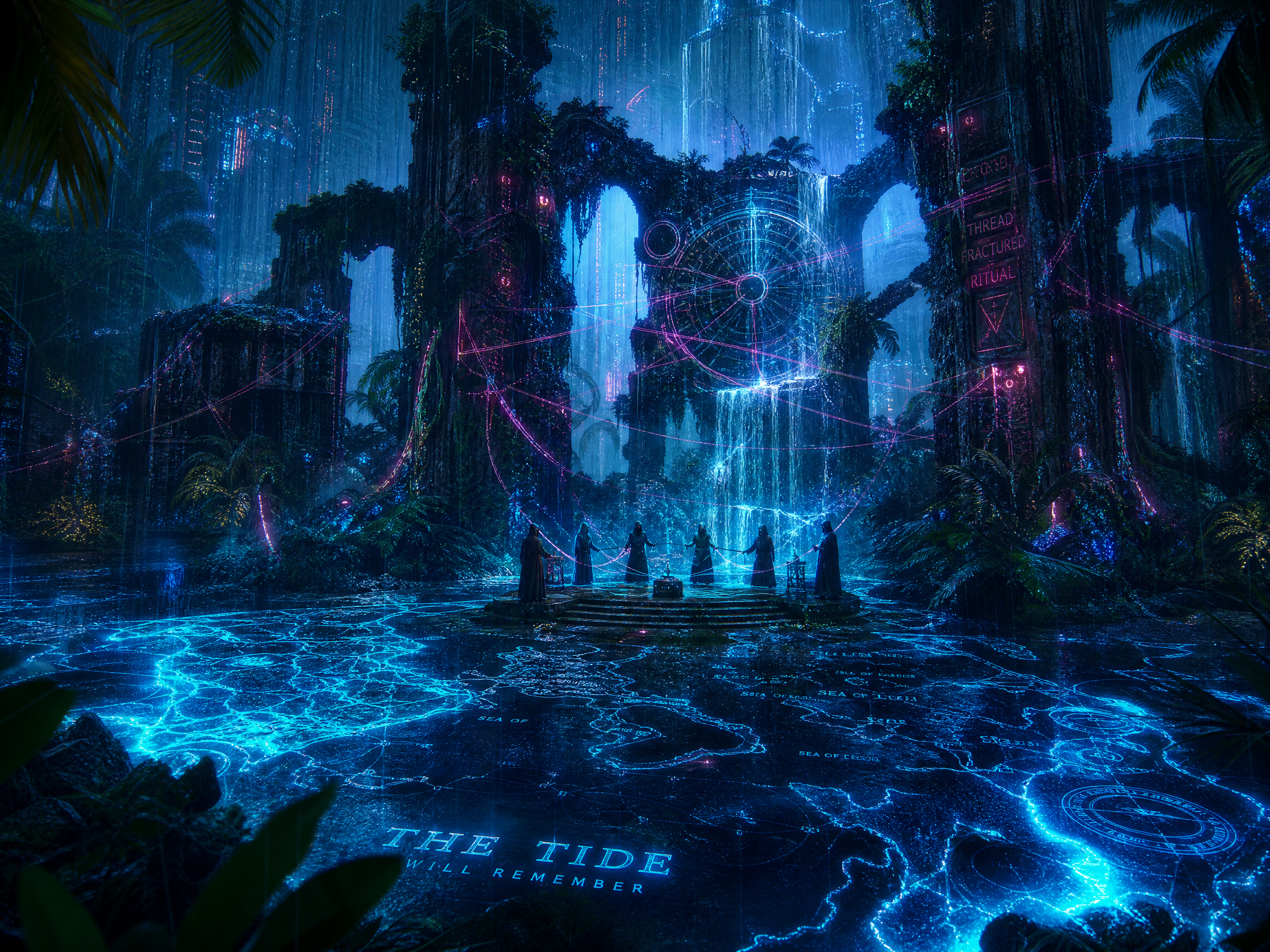 Mystical neon-lit jungle temple with robed figures around glowing water and a circular magical sigil.