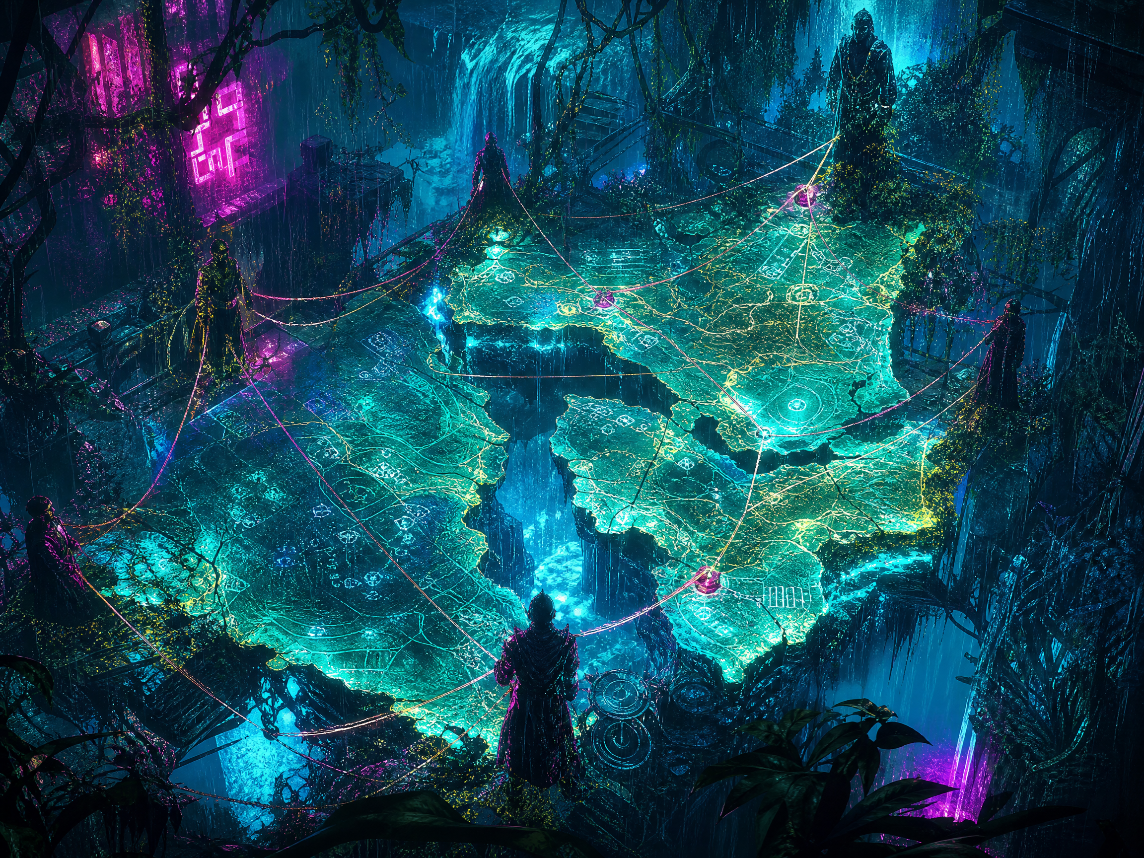 Neon-glowing cavern with a floating, interconnected map platform surrounded by cloaked figures.