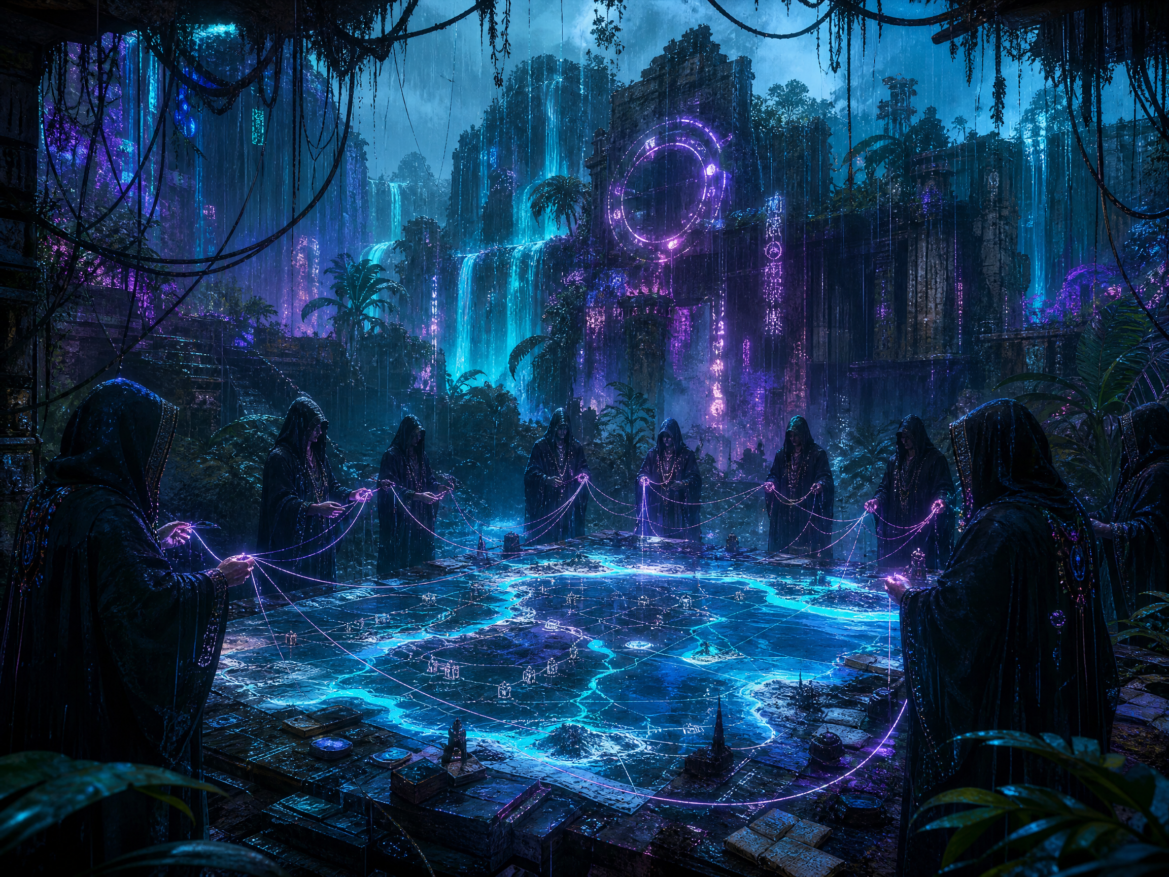 Hooded figures around a glowing ritual circle in a neon-lit jungle temple.