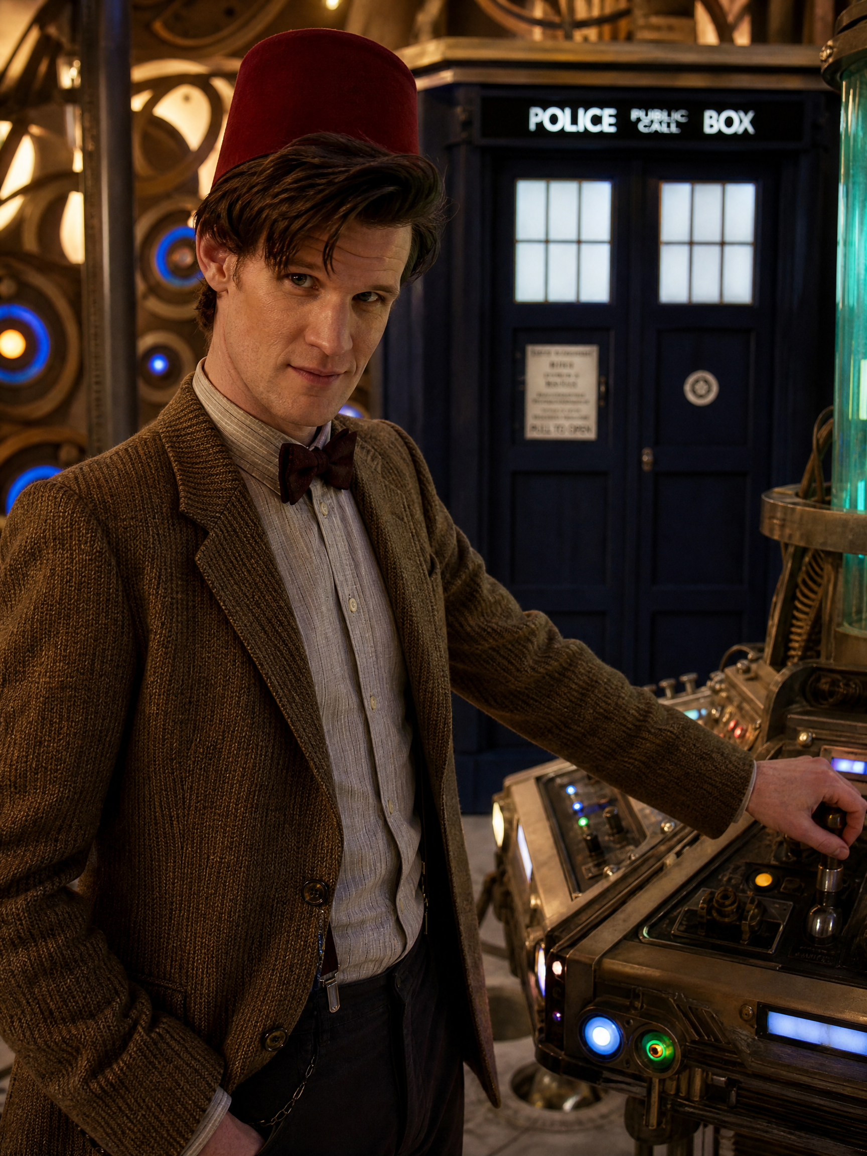 Matt Smith as Doctor Who's Eleventh Doctor, wearing a red fez, operating the TARDIS control console inside his time machin...