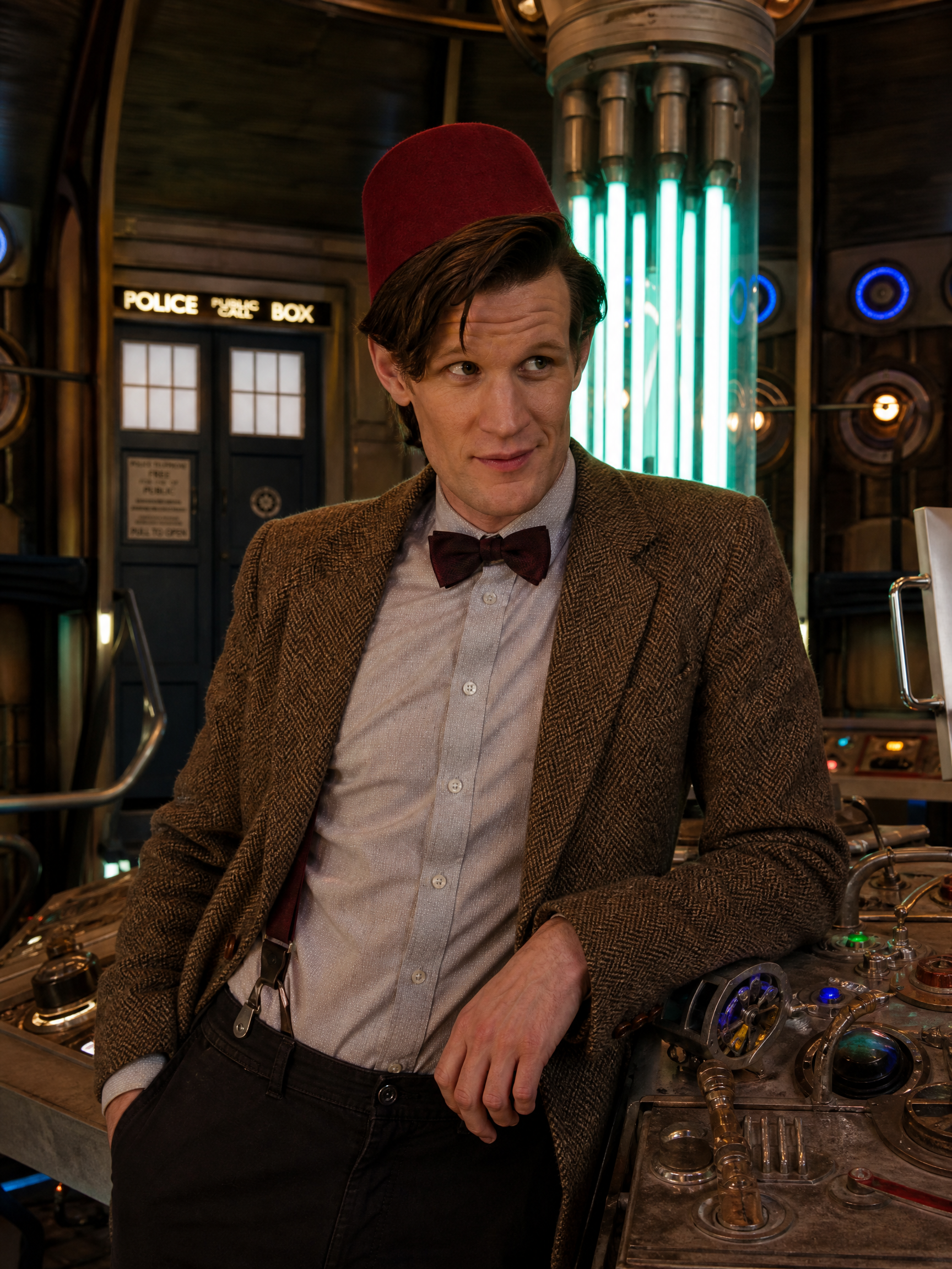 Matt Smith as Doctor Who's 11th Doctor, wearing a fez and bow tie, leans on the glowing TARDIS console inside the time mac...