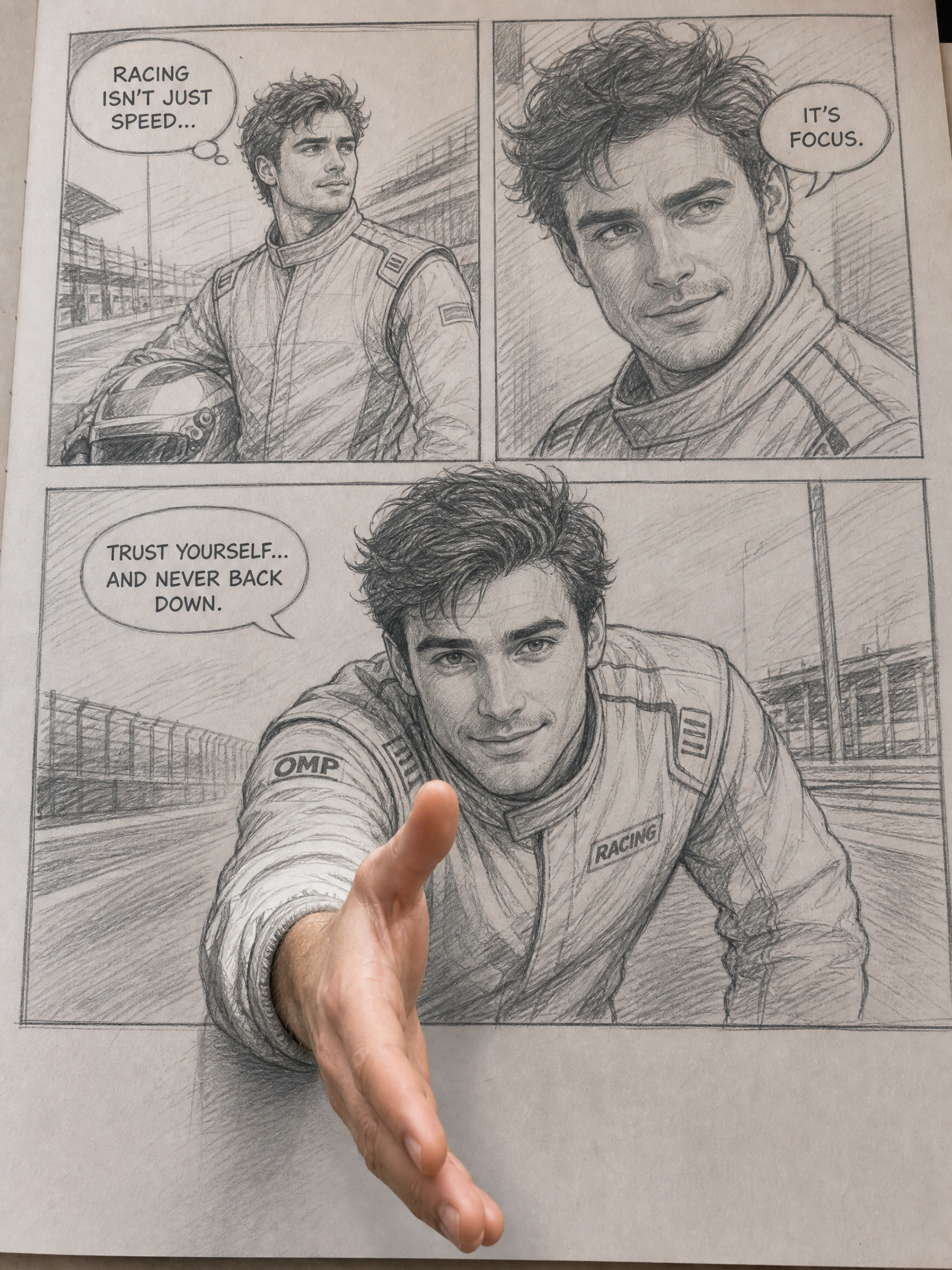 Three-panel pencil comic of a race car driver with motivational speech bubbles, a real hand reaching out of the final pane...