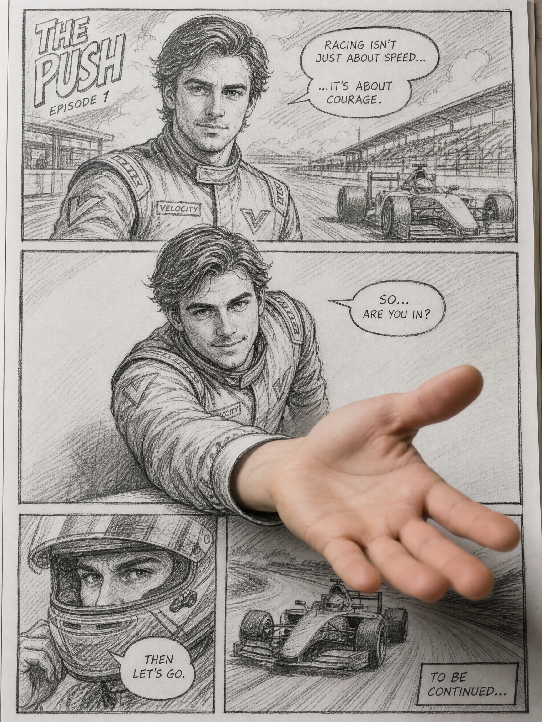 Grayscale pencil sketch motorsport comic "The Push Episode 1" with a real human hand breaking the fourth wall to reach out...