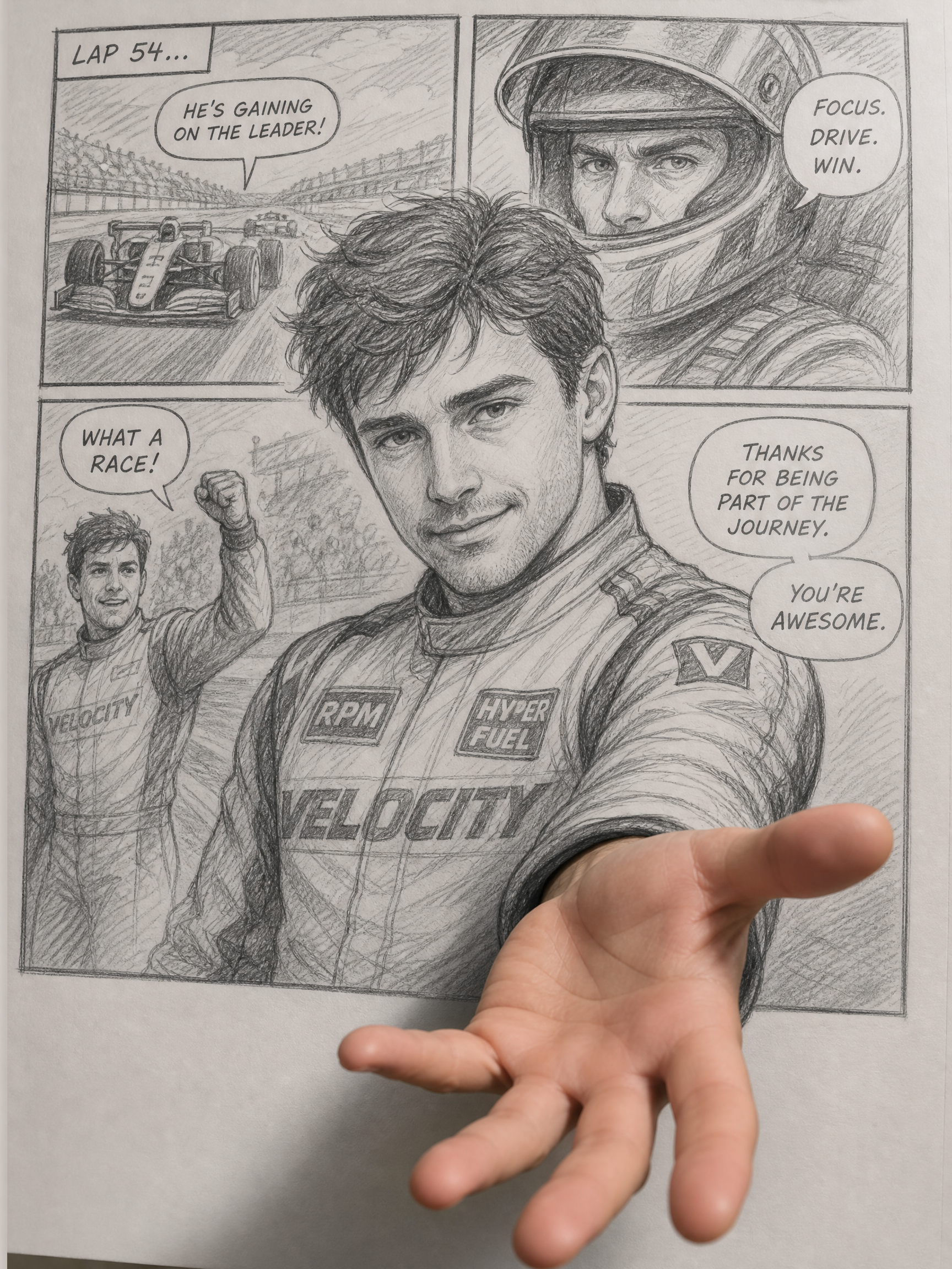 Surreal pencil sketch comic page of an F1 racer, with the character’s real hand breaking the fourth wall to reach out to...