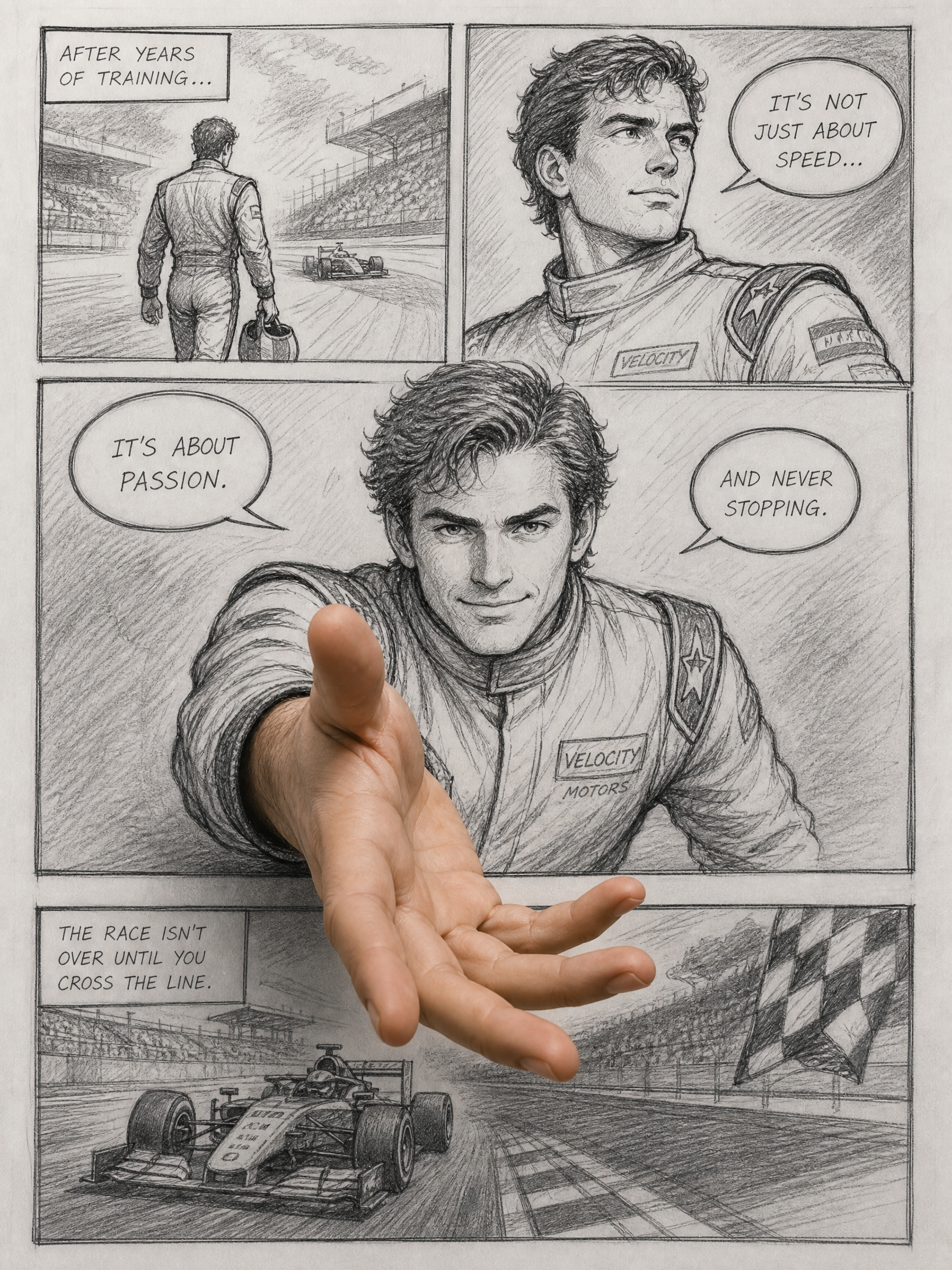 Pencil sketch comic page of a race car driver, with a real hand breaking the fourth wall to reach out from the sequential ...